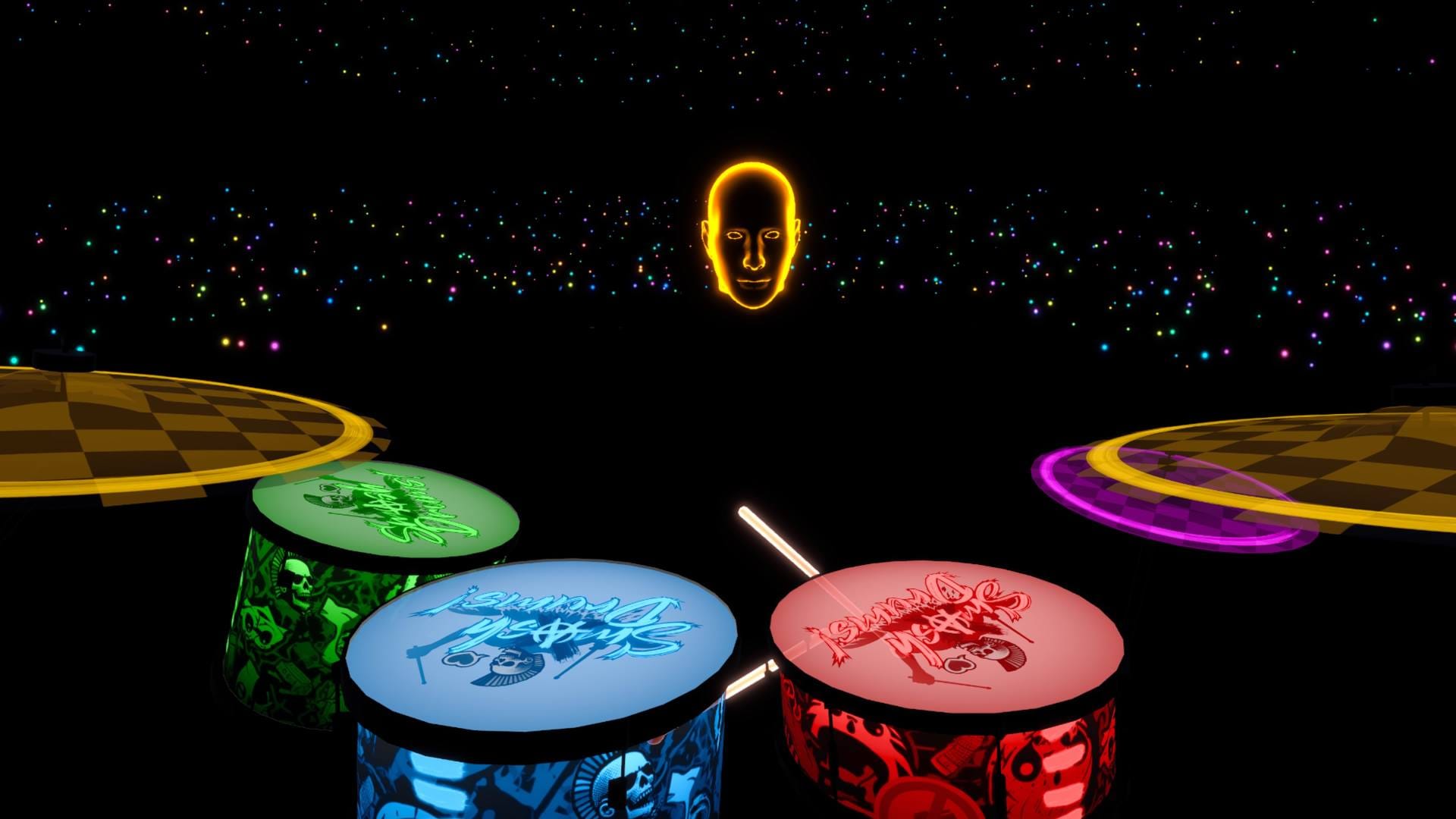 Smash Drums screenshot shows colored drums, yellow symbols and a floating head in front of you