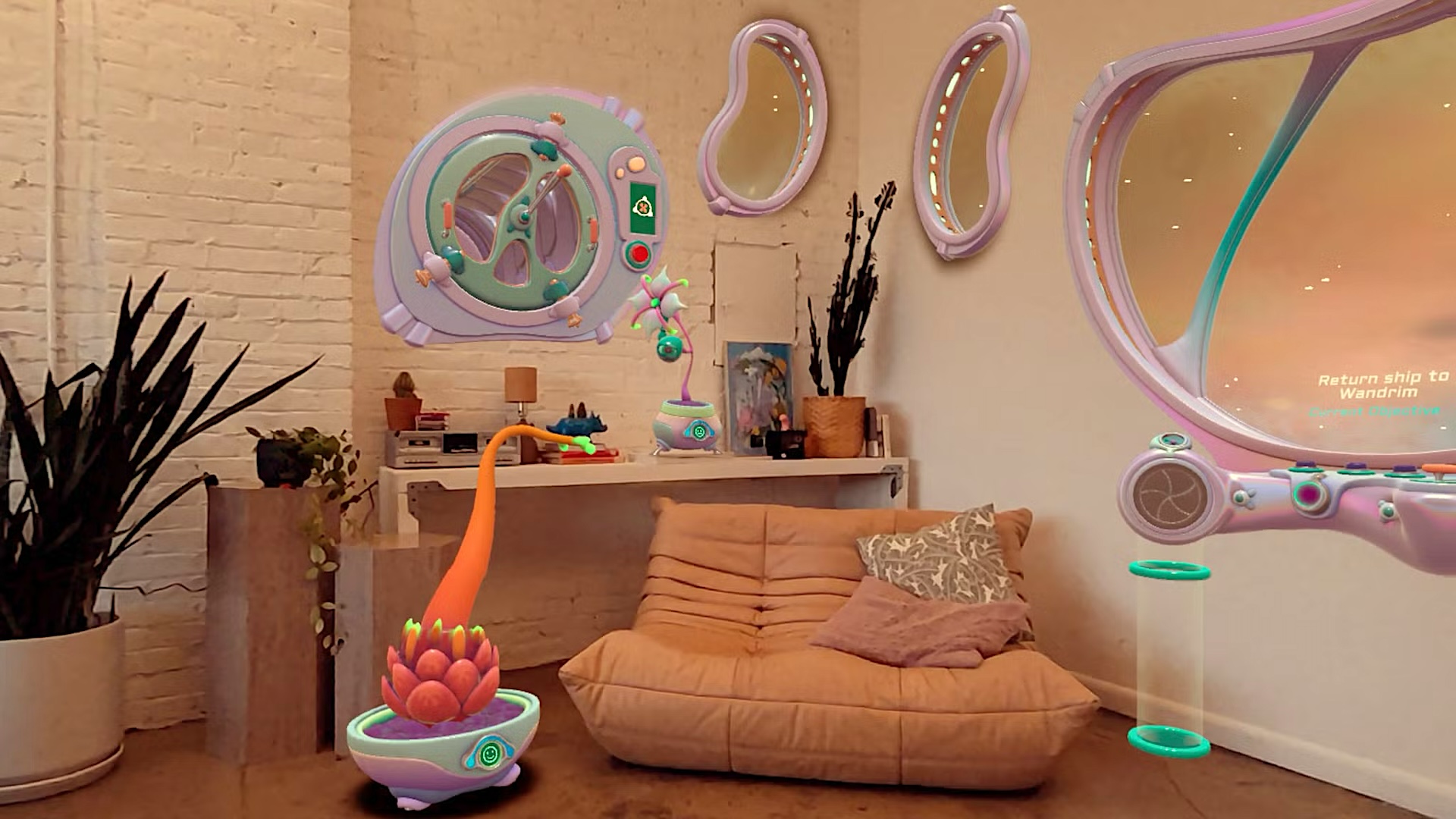 Living room corner with lots of mixed reality elements: Windows, an airlock and intergalactic flora.
