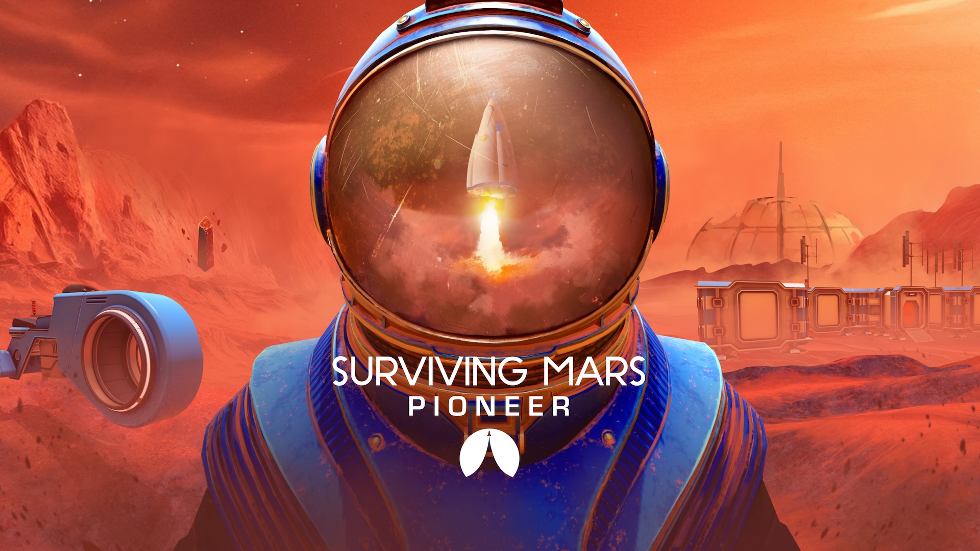 Astronaut with reflection of a rocket in his sights in front of a red Martian landscape, "Surviving Mars Pioneer" logo.