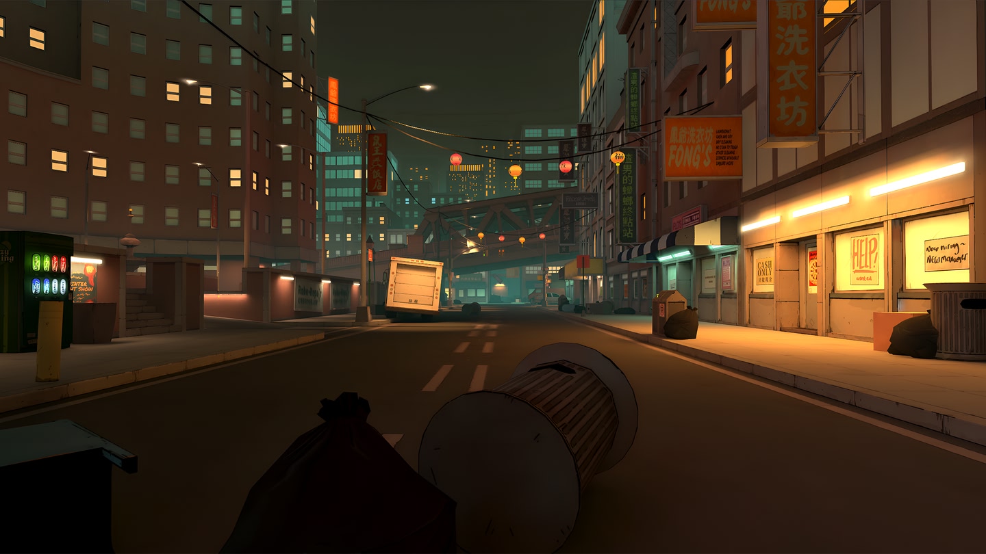 Night-time city scene in comic style: large archway under a full moon, police car, illuminated skyscrapers in the background.