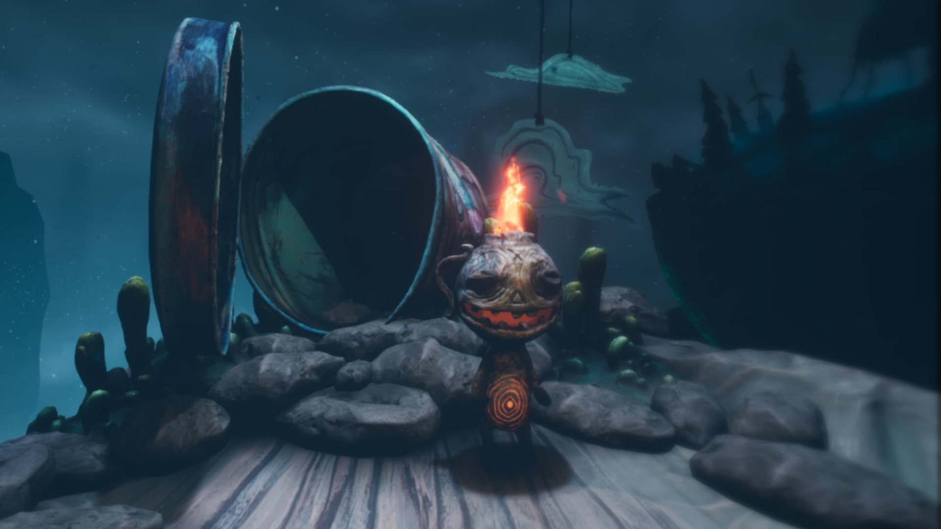 A scene from The Midnight Walk shows a little creature with a burning flame as a hat.