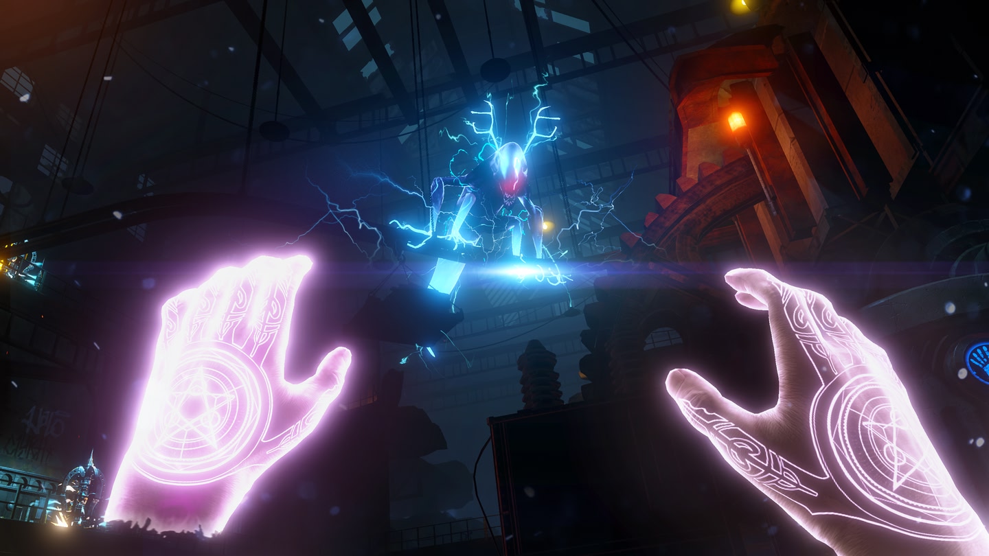 Magical hands summon lightning against a floating figure in a mystical setting