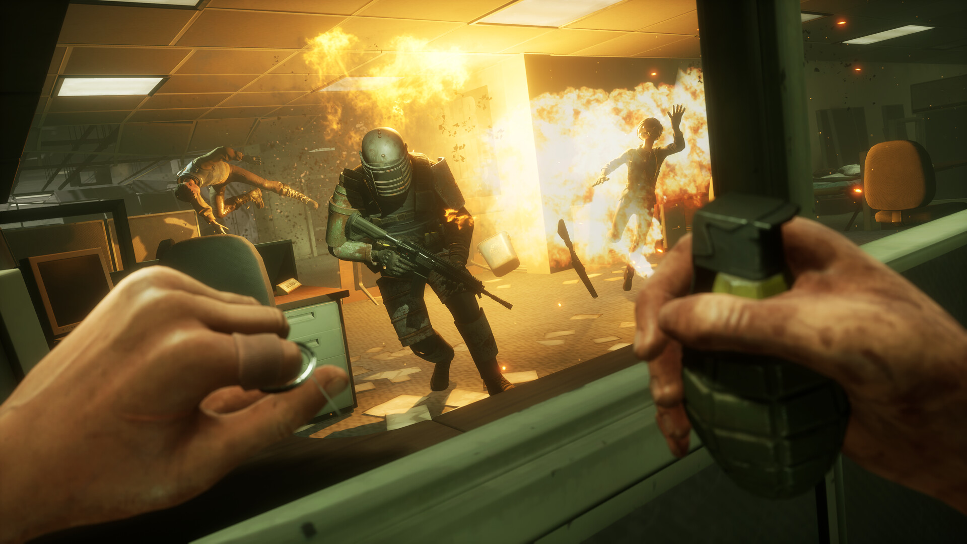 A game scene shows how the protagonist in a VR game detonates a hand grenade. An explosion and various zombies can be seen in the background.