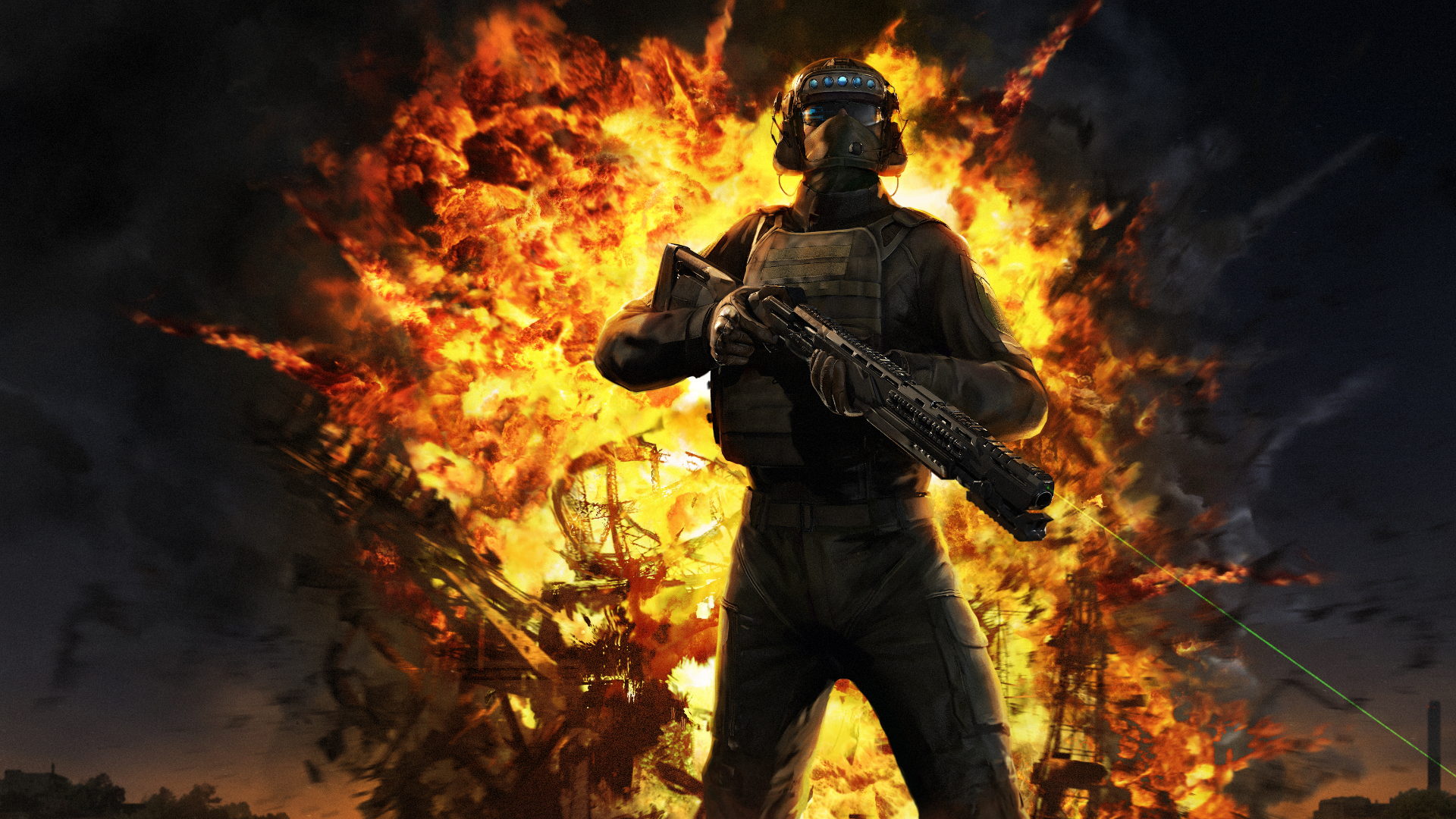An armed soldier stands in front of an explosion.