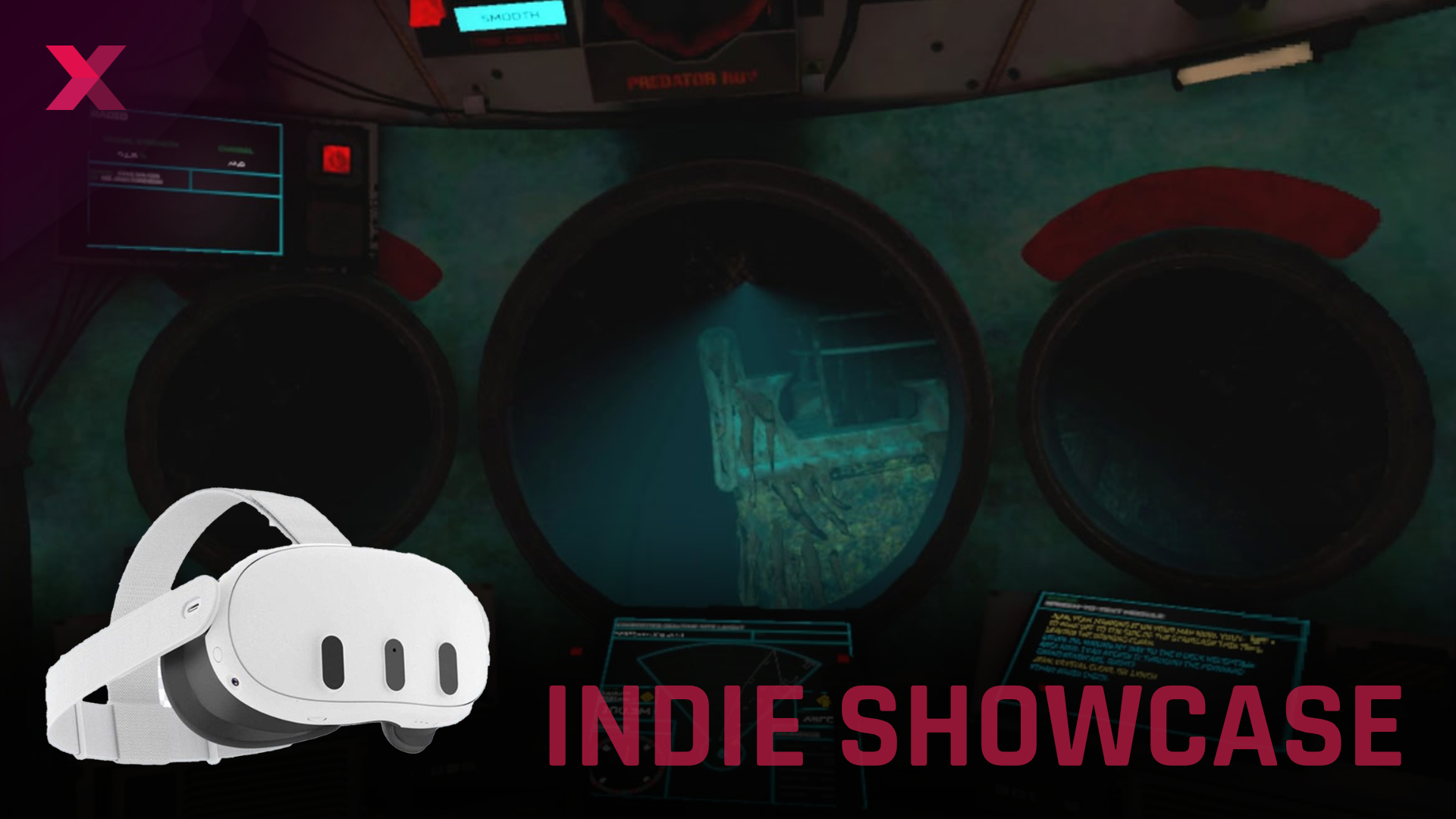 A scene from the VR experience Titanic VR shows the view of the wreck of the Titanic through a submarine. In the foreground you can see the VR headset Meta Quest 3 and the words "Indie Showcase".