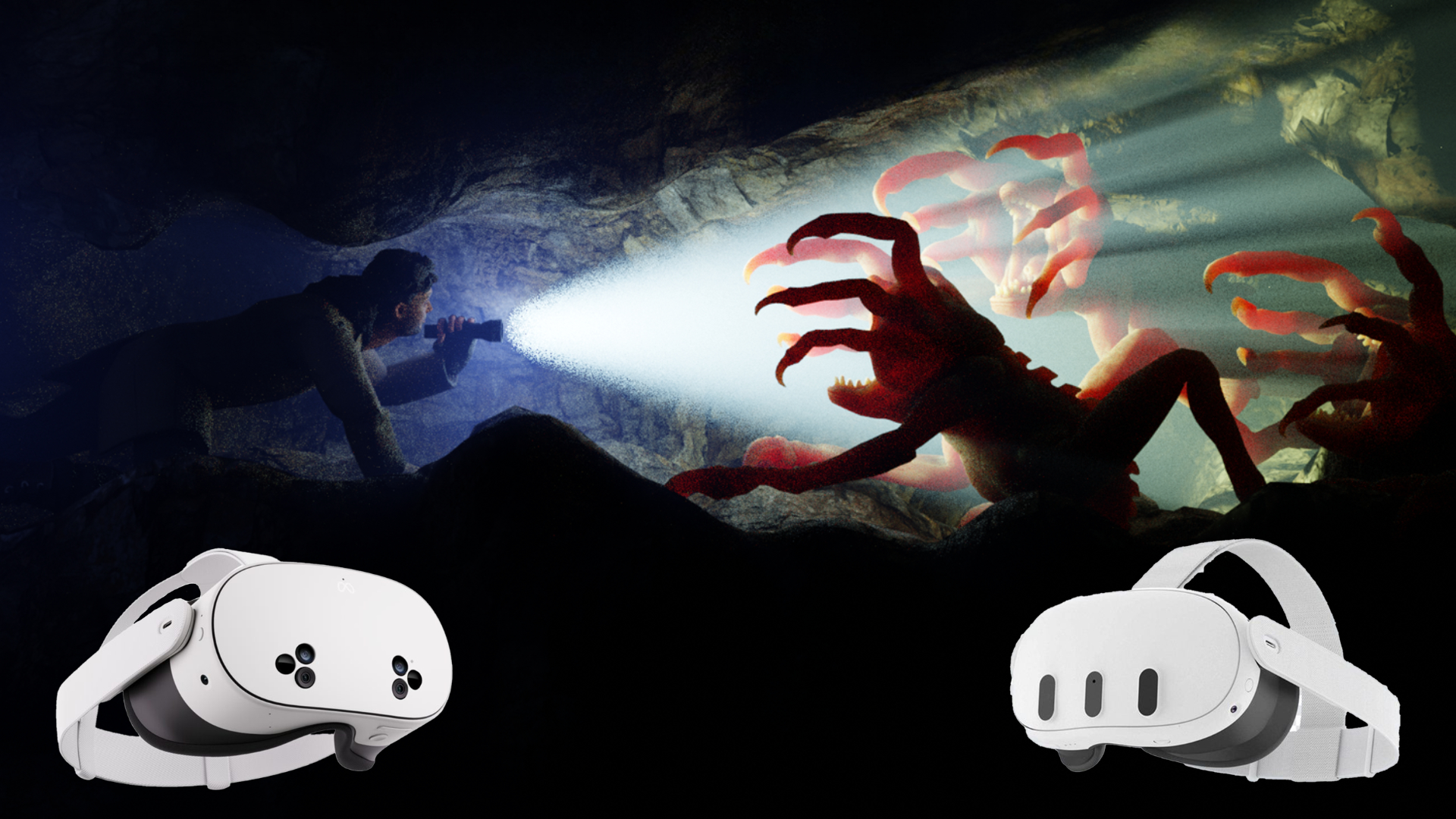 Dark cave scene with red crab creatures, illuminated by a flashlight, two white VR headsets below.