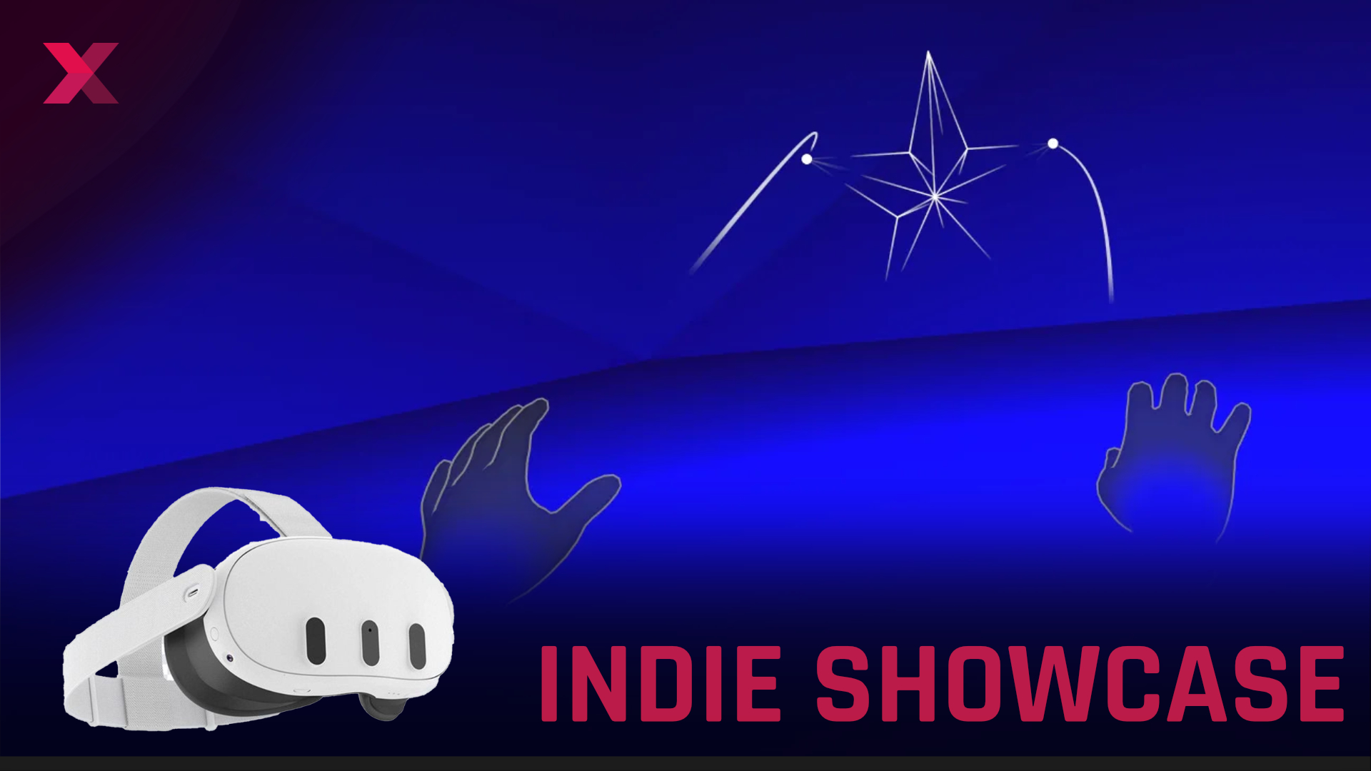 Two shadowy hands point to a star graphic. In the foreground is a VR headset and the words "Indie Showcase".