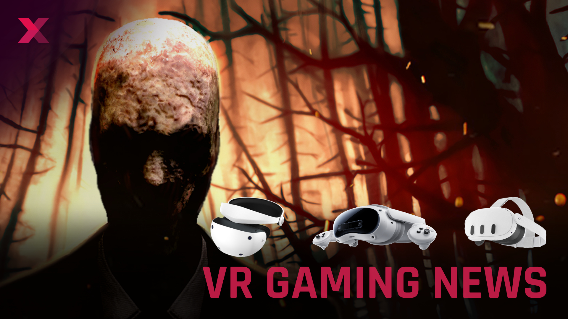 The horror character Slenderman in the dark forest with three VR headsets and pink VR Gaming News lettering.