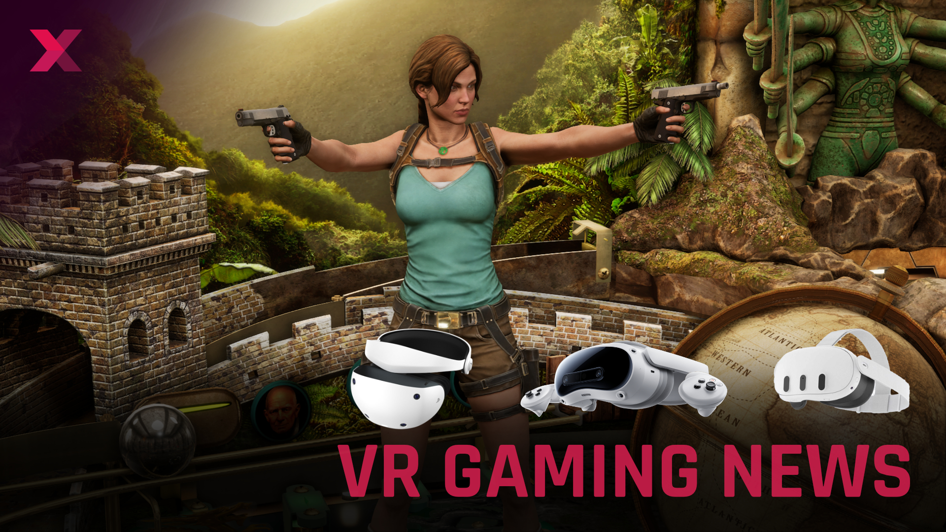 Lara Croft, a brunette woman in a turquoise top, spreads her arms and aims two pistols. In the background you can see a ruin in the jungle, in front the lettering "VR Gaming News" and three VR headsets.