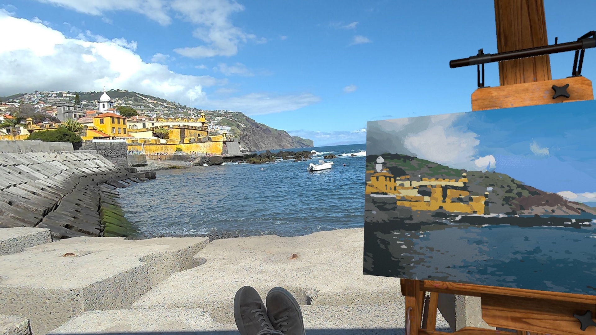 A passthrough photo taken with Quest 3 shows a Mediterranean landscape. On the right you can see a virtual canvas showing the same scene painted.
