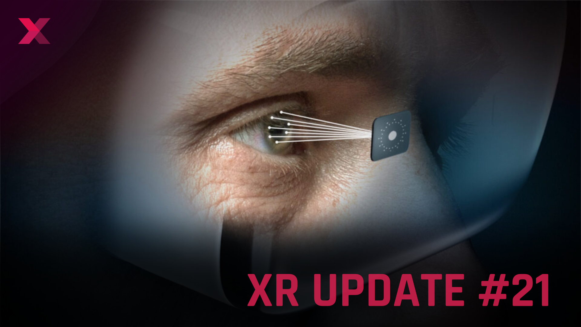 Close-up of an eye with indicated VR headset and microsensor that detects a pupil. .