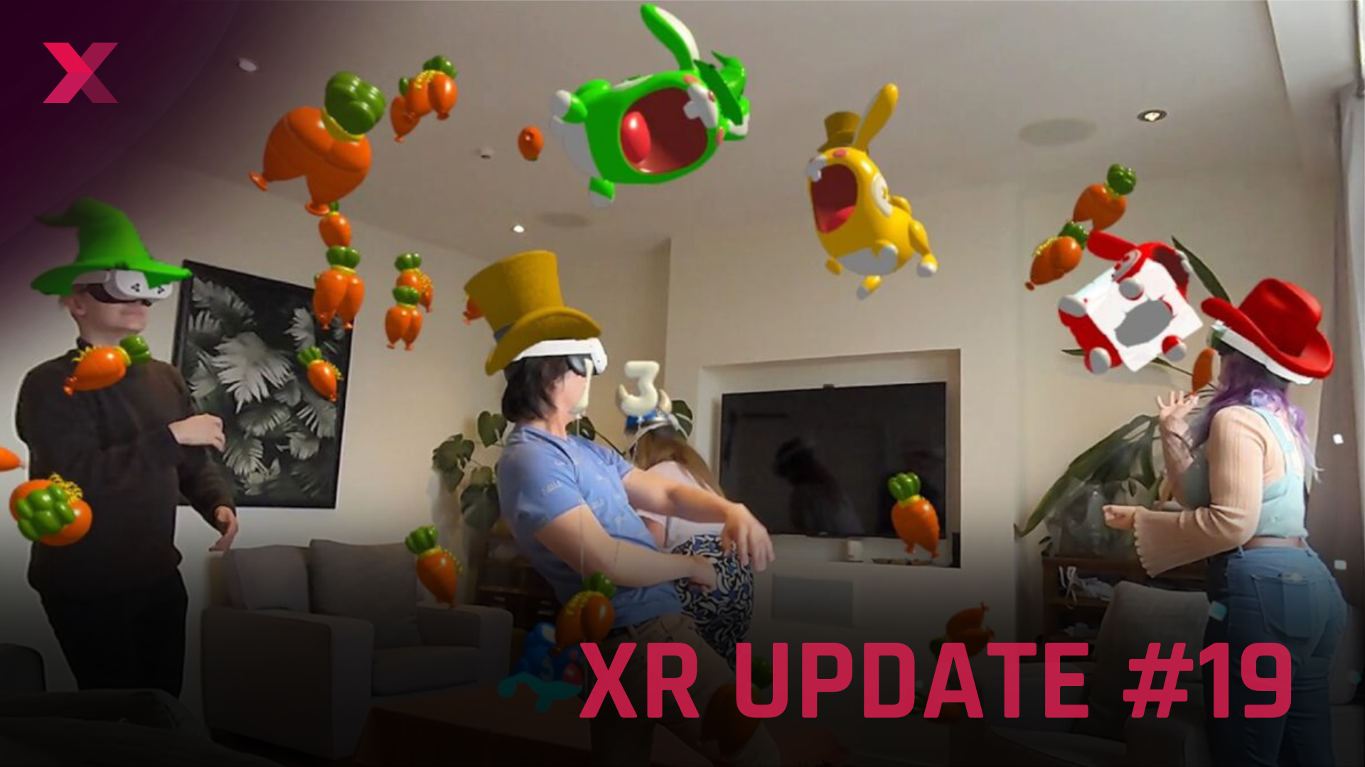 A group of people with VR headsets play a mixed reality party game.