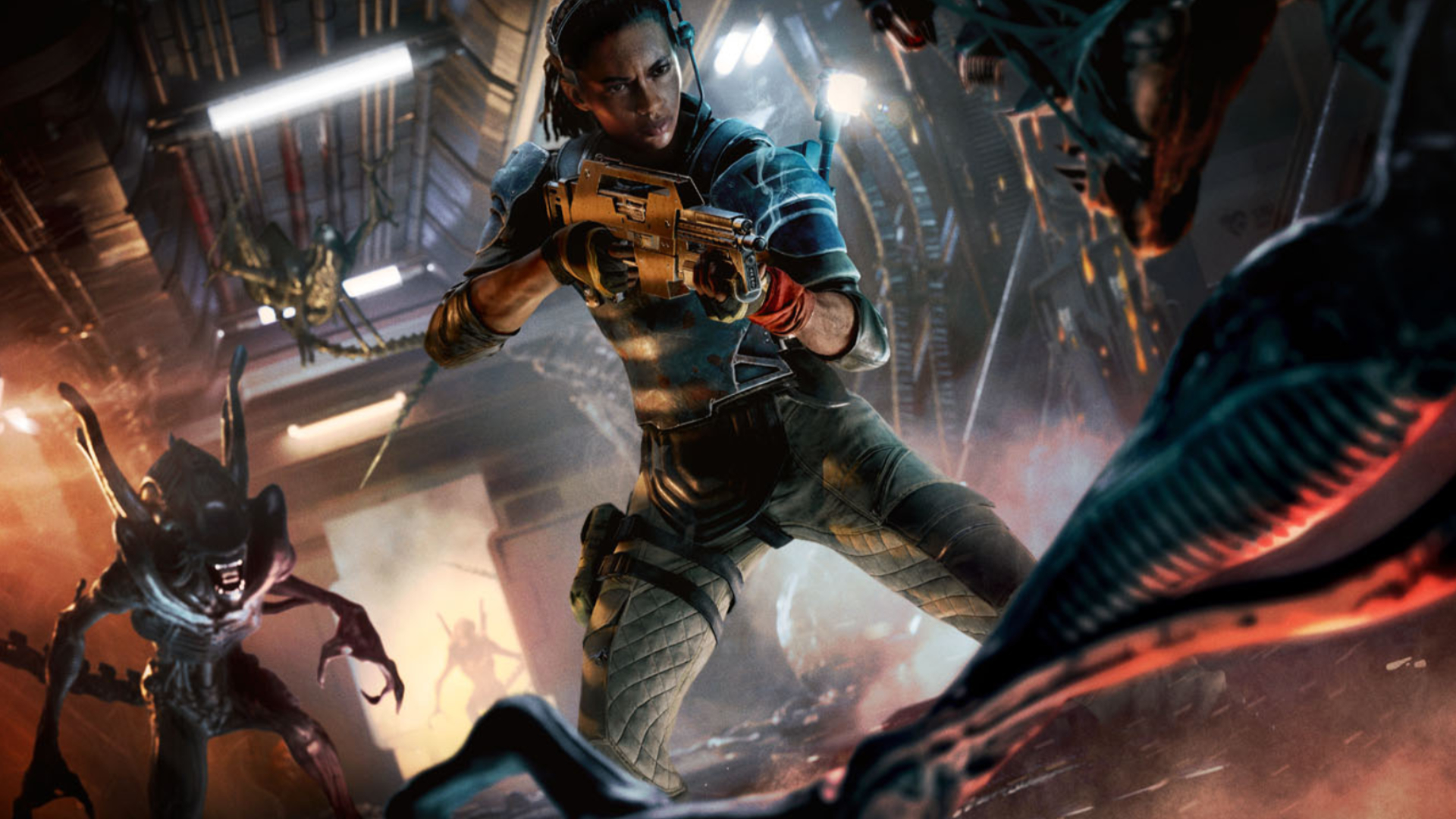 The heroine of Alien: Rogue Incursion fights xenomorphs with an MP.
