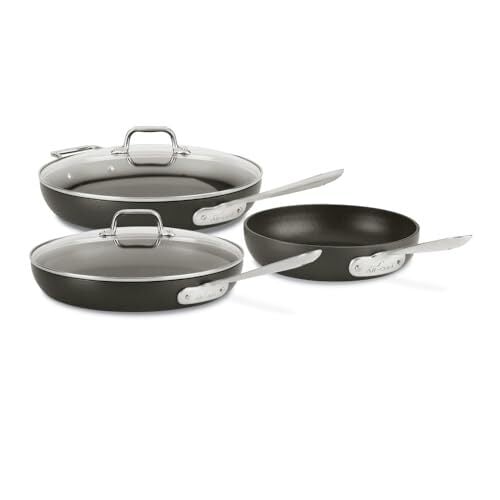 All-Clad HA1 Hard Anodized Non Stick Fry Pan Set 3 Piece, 8, 10, 12 Inch, Induction, Oven Broiler Safe 500F, Lid Safe 350F, Skillets, Frying Pans w/ Lid, Pots and Pans Set Non Stick, Cookware, Black