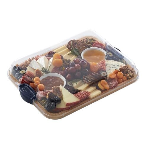 Farberware Build-A-Board Bamboo Cutting Board with Built-in Compartments and Clear Locking Lid with Navy Handles, Perfect for Charcuterie, Snacks, and More