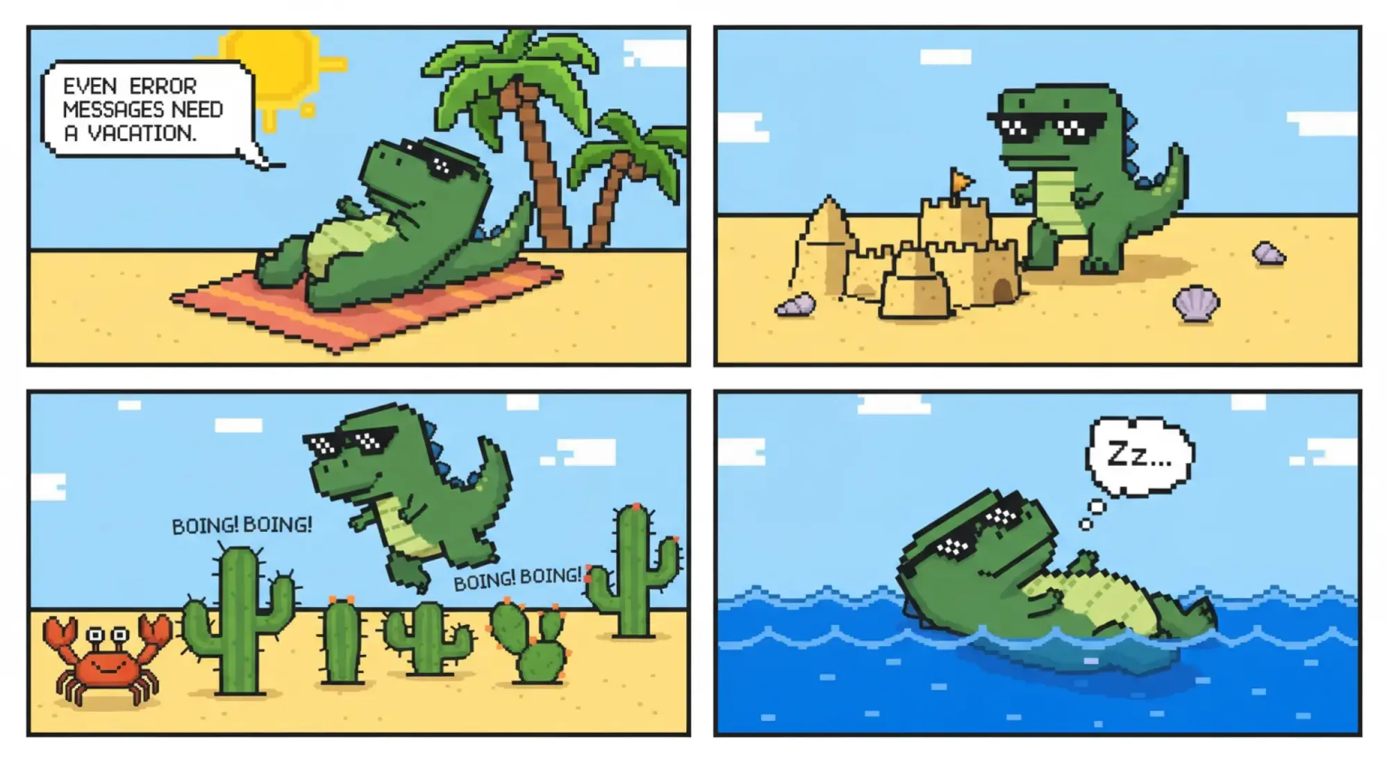 imagen 4 generated comic strip of the google chrome error dinosaur