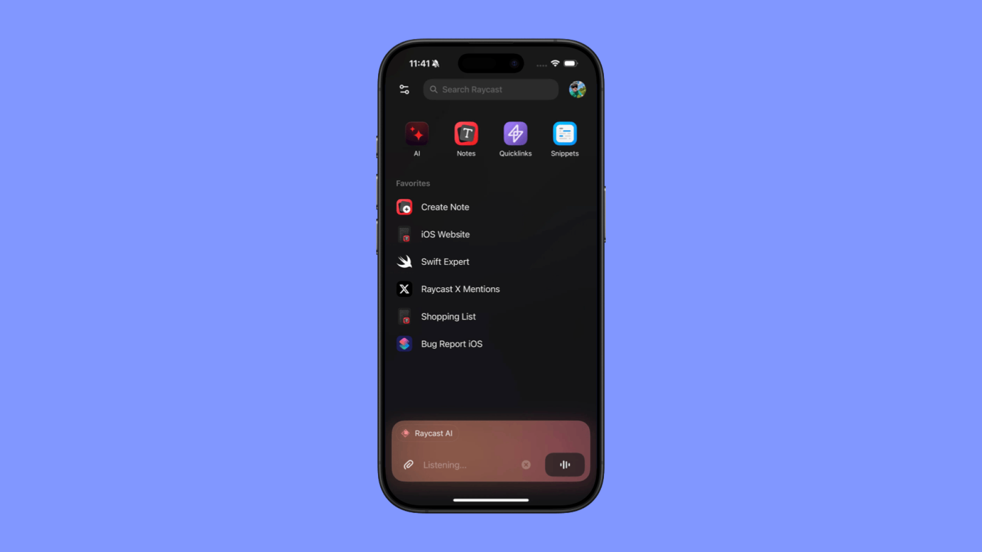 Raycast Home screen interface.