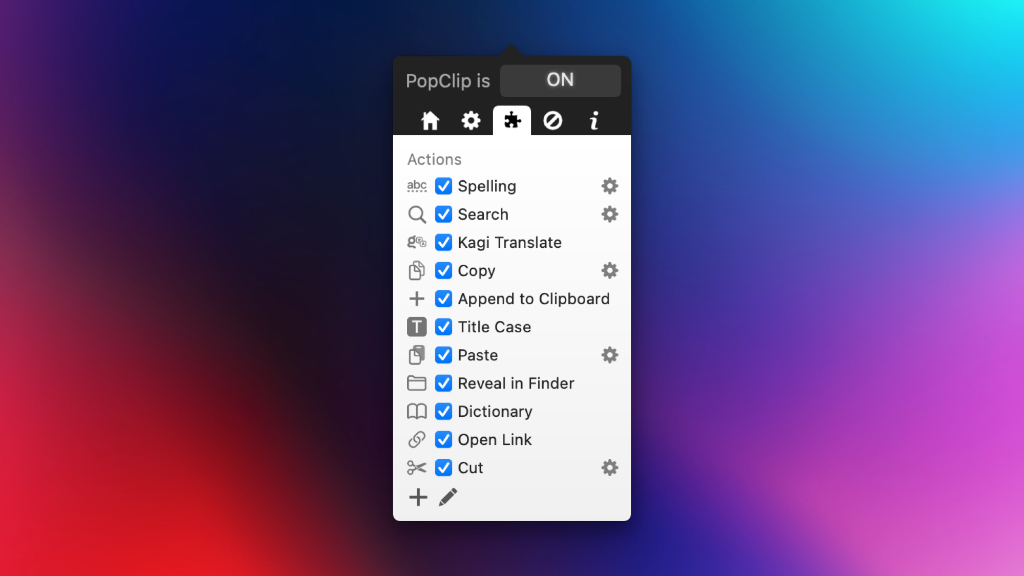PopClip's settings, showing the Actions tab.