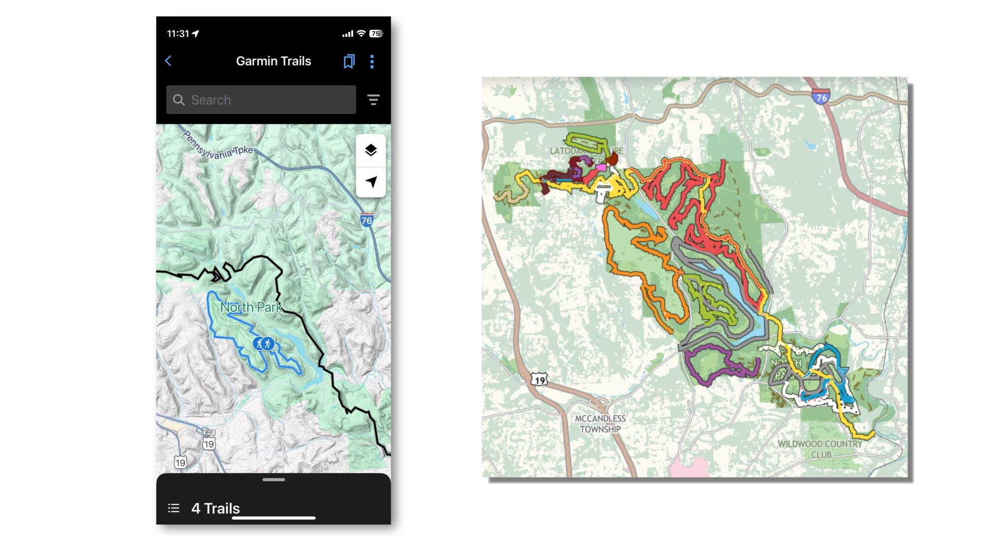 North Park trails in Garmin (left) and Allegheny County website (right)