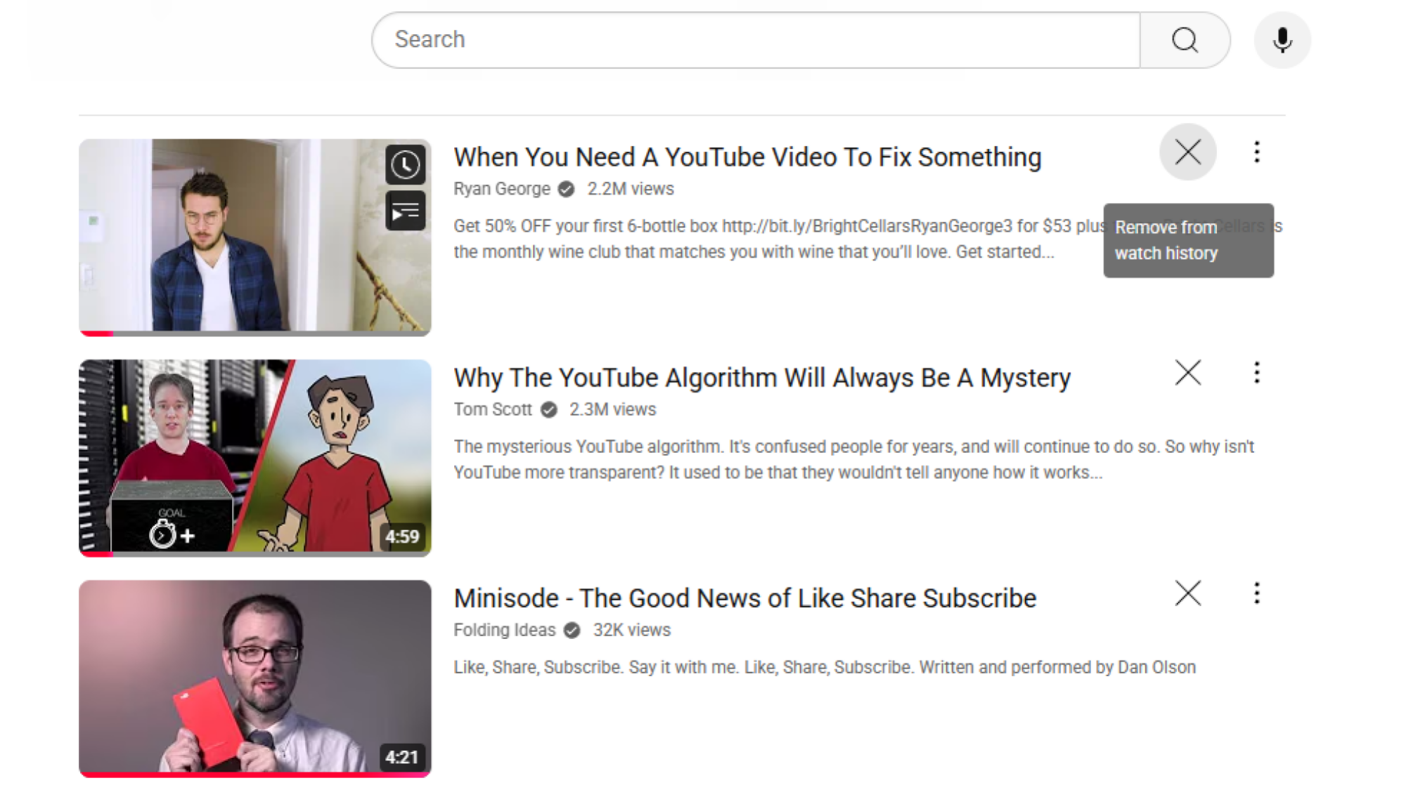 The "Remove from watch history" button next to YouTube watch history