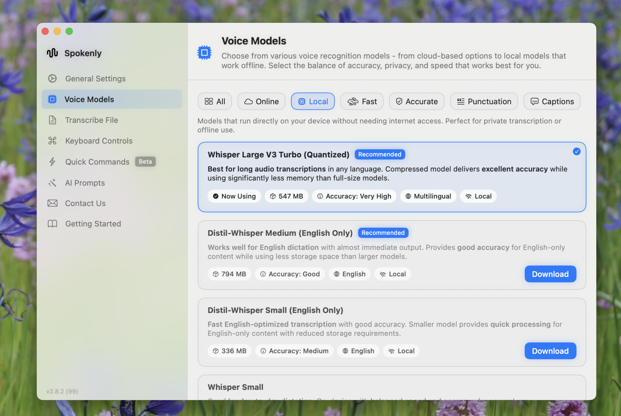 The settings window offering many different AI models for transcription