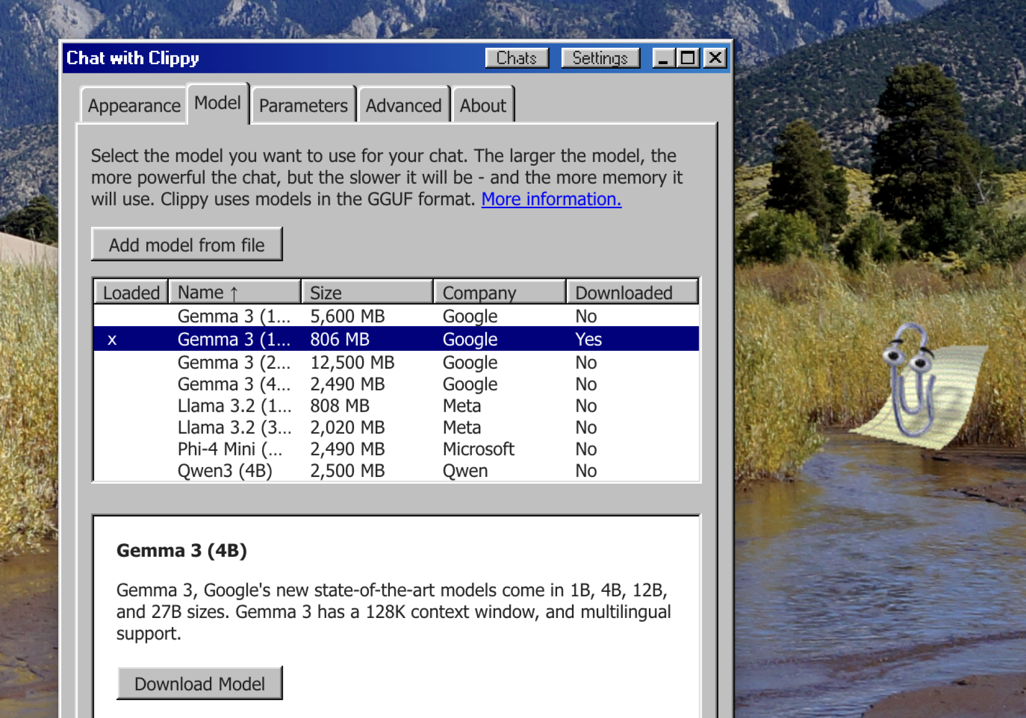The models section of the Windows 95 themed settings window.