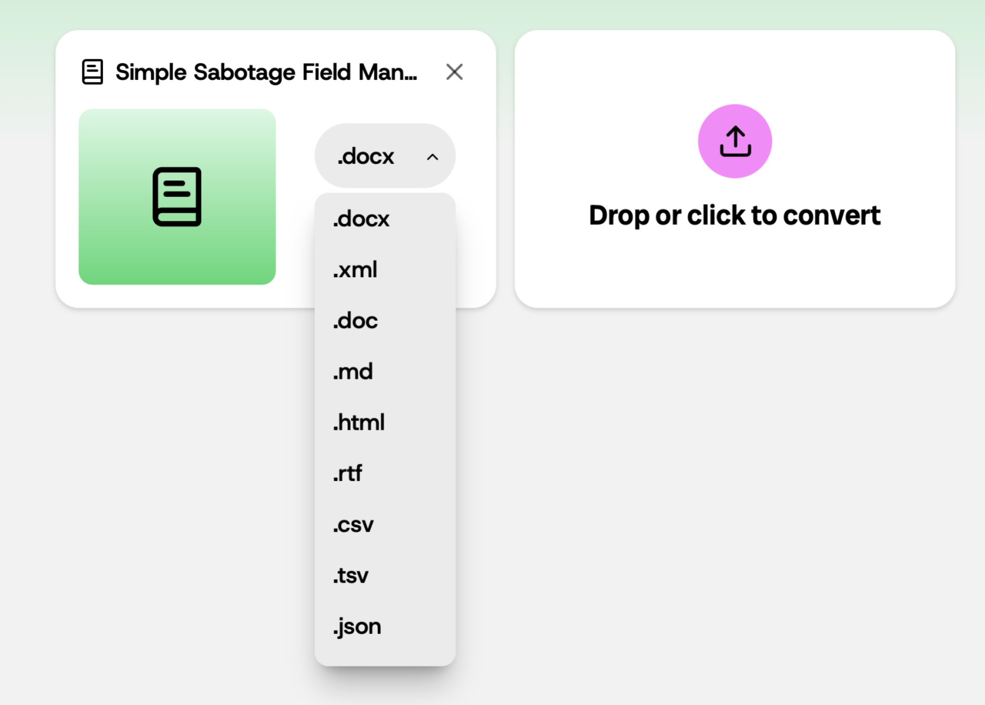 An EPUB document is being converted. The drop down offers various file formats including docx, md, rtf, and html.