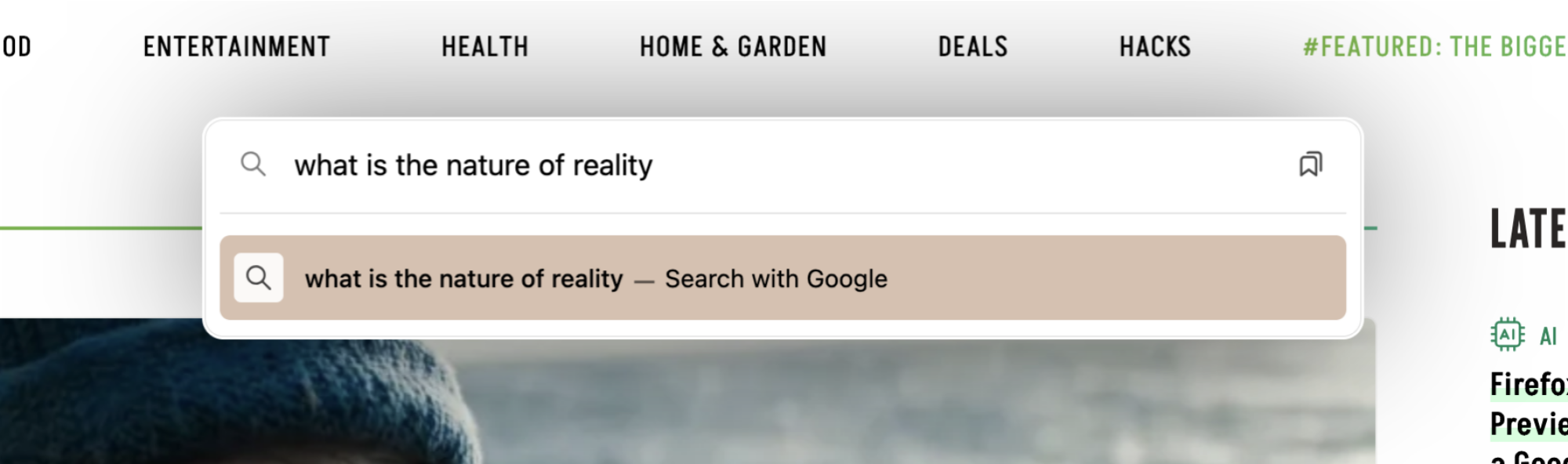 The command bar overlay showing a search for "what is the nature of reality"