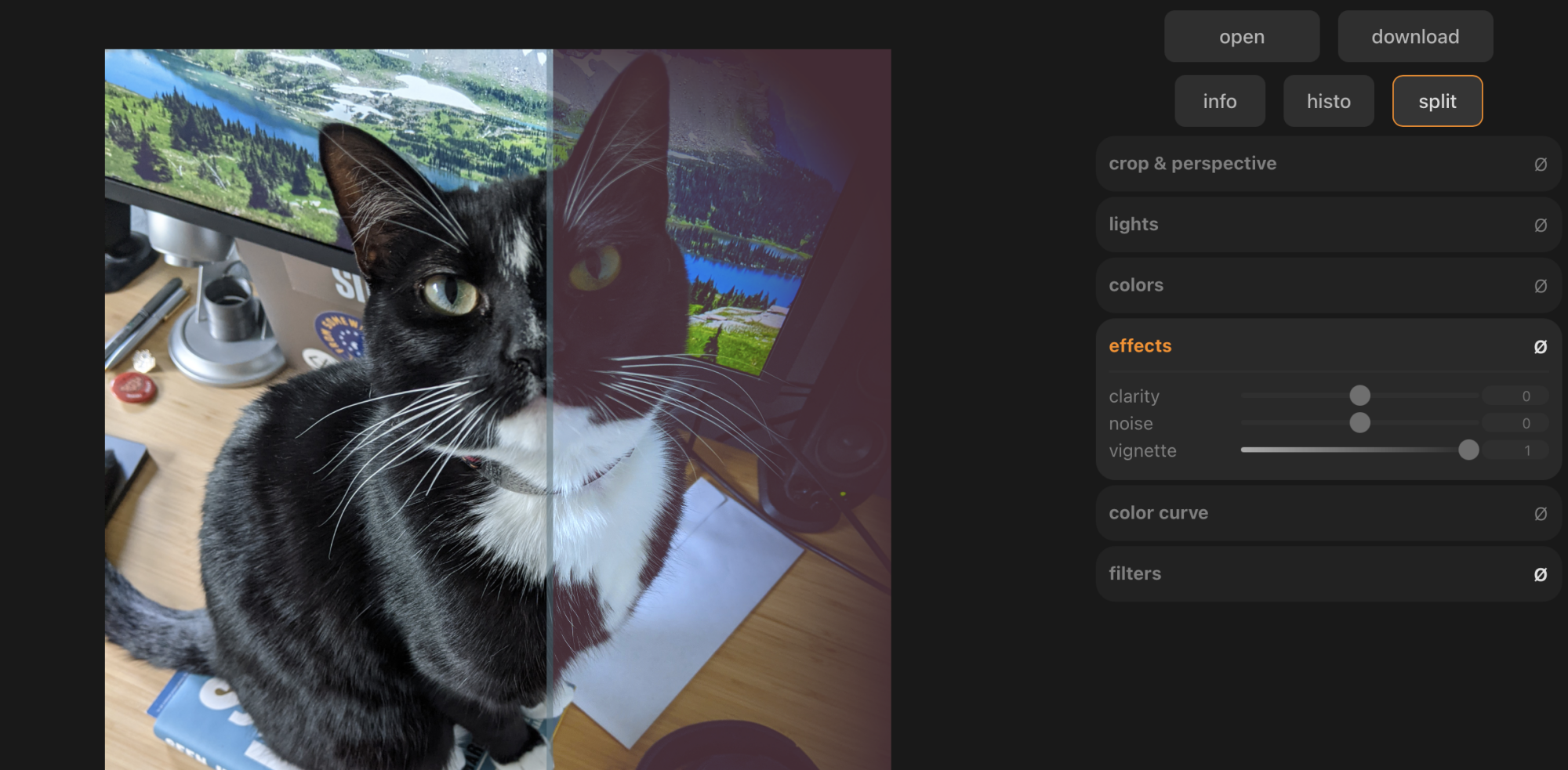 The image editor wiht a split bar in the middle, showing how the photo looked before and after changes.