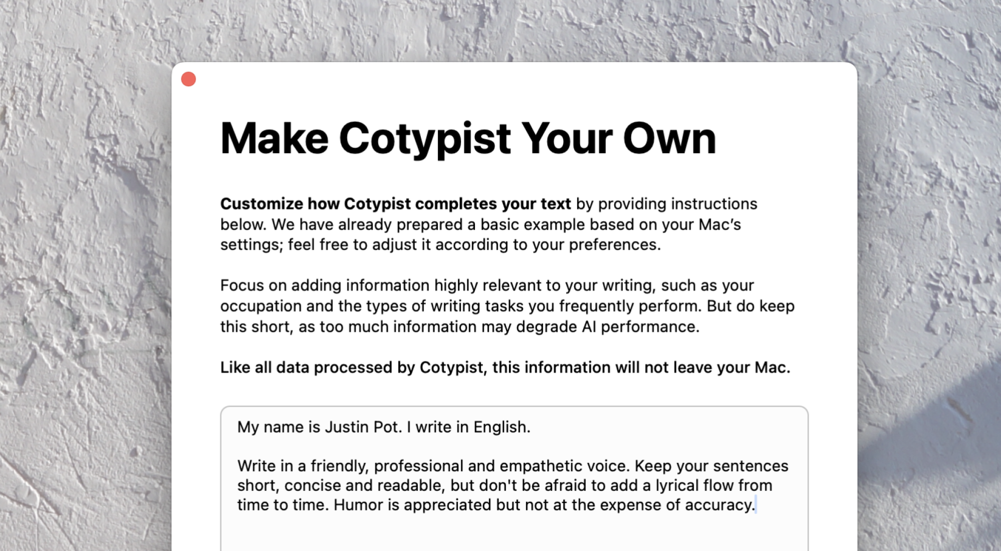 Custom set of instructions for the AI in Cotypist