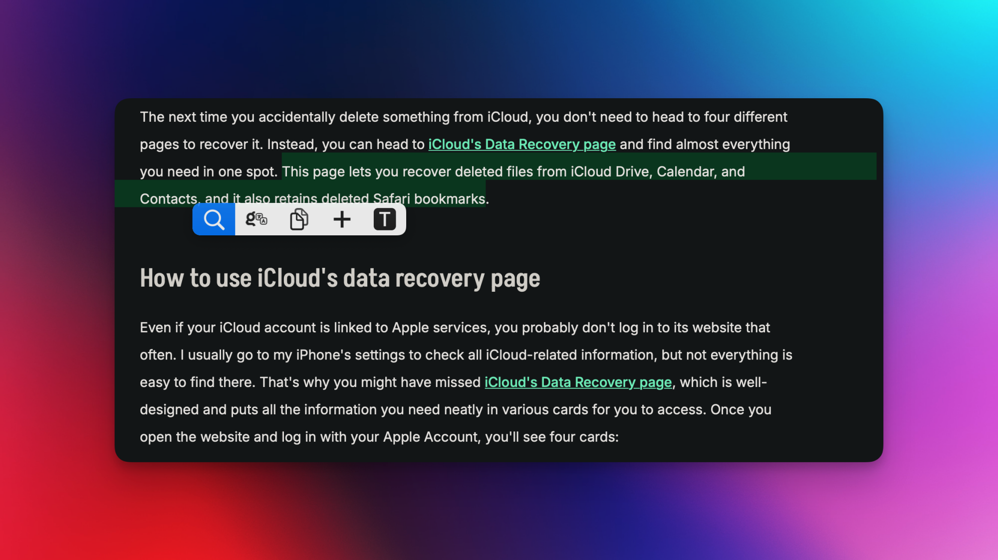 A sentence of text selected, with PopClip's popover menu visible.