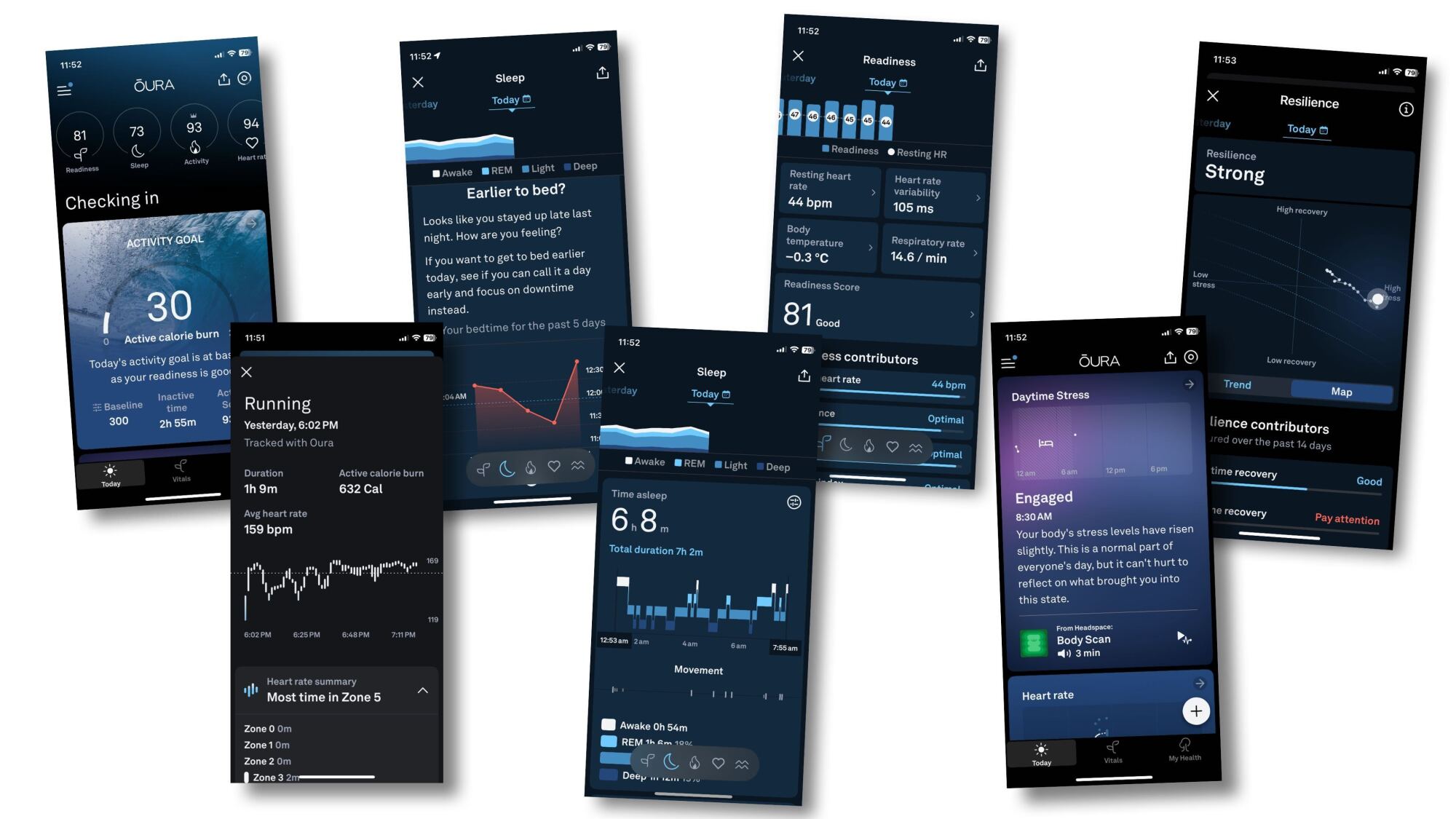 Scores, insights, sleep stages, bedtime analysis, stress resilience, etc.