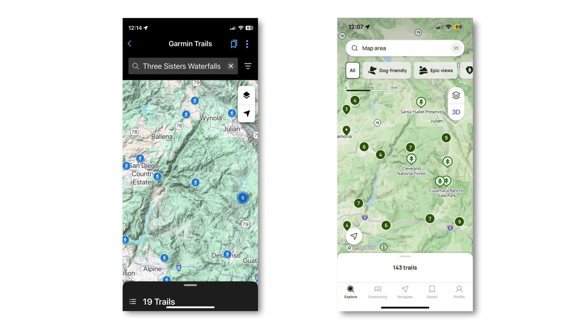Three Sisters Waterfall area in Garmin (left) and AllTrails (right)