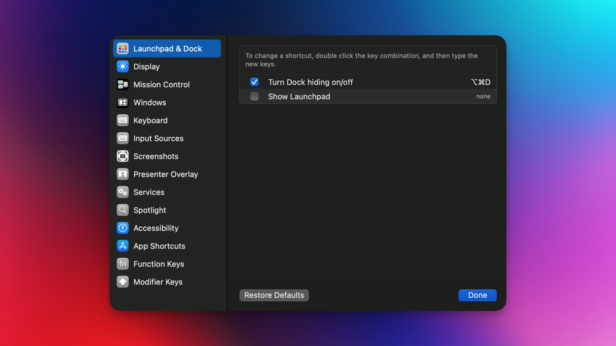 The keyboard shortcut to hide the Mac's dock.