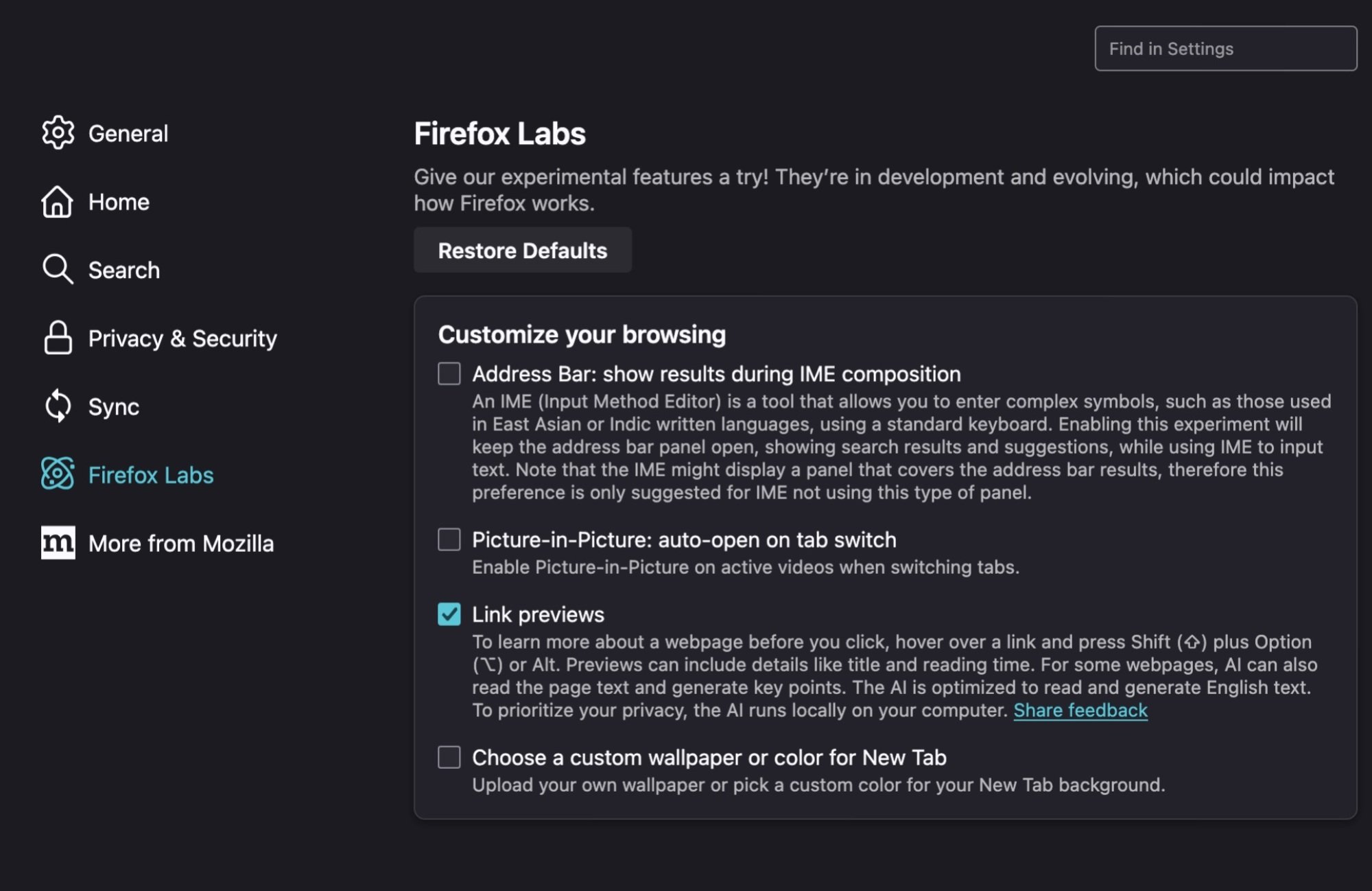 link preview settings page