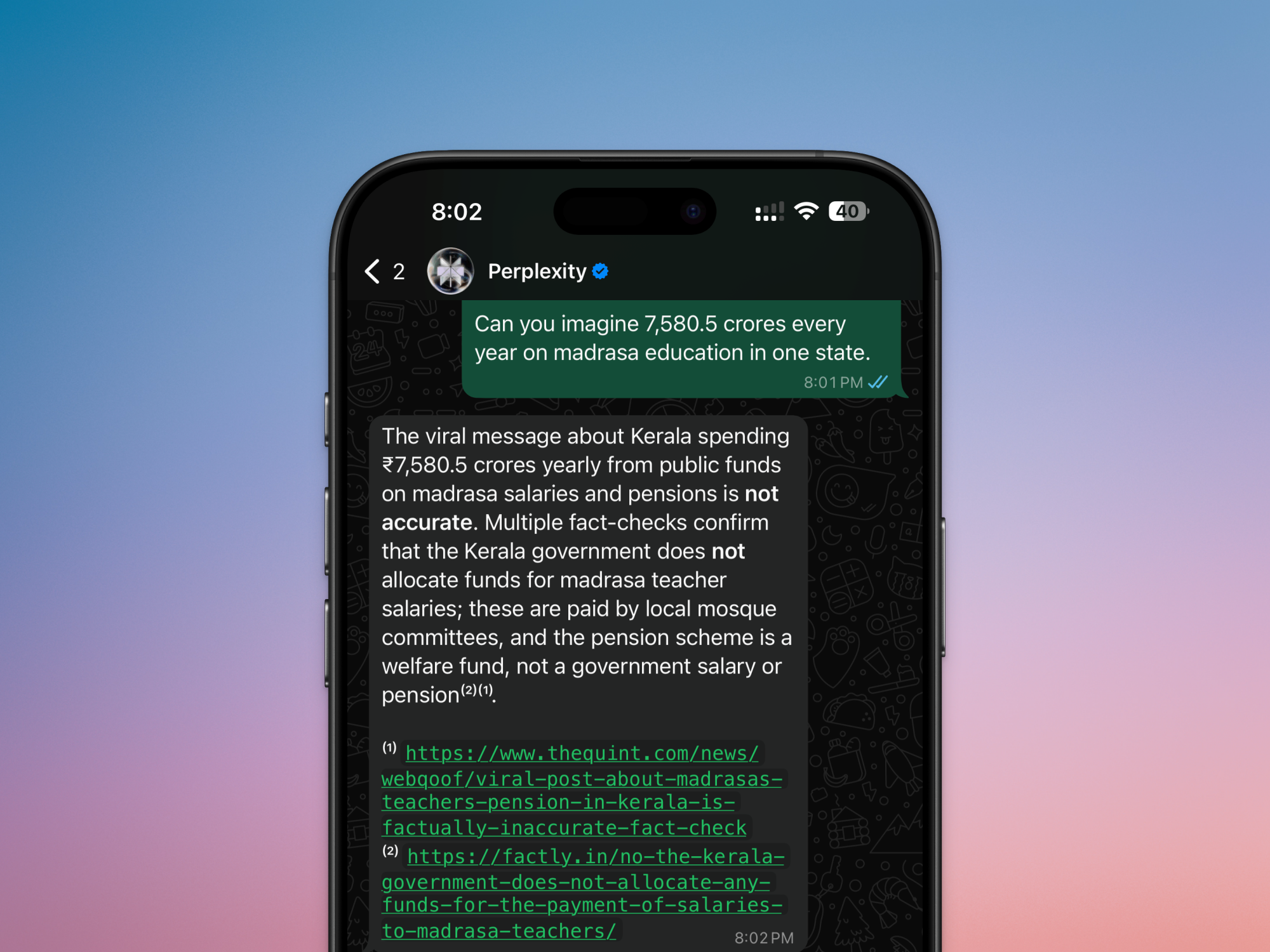 Perplexity WhatsApp fact checking.
