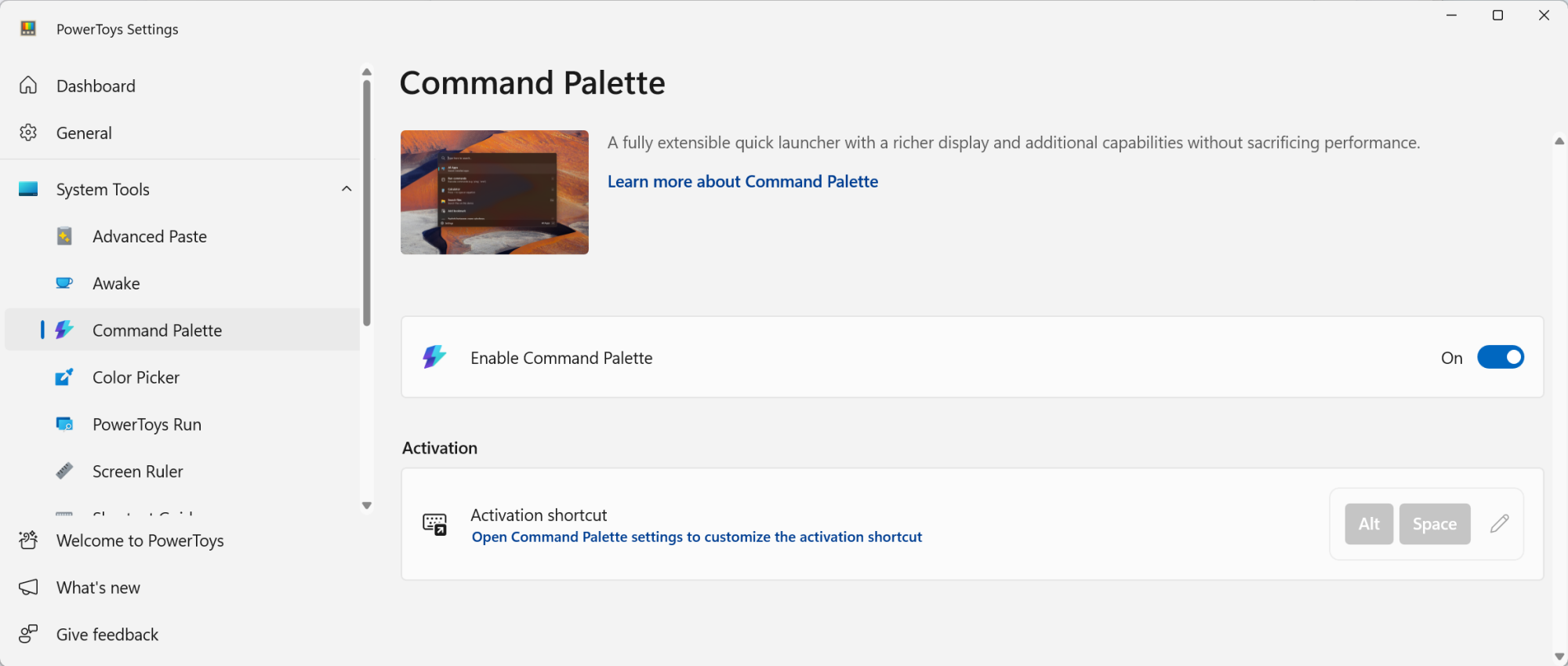Enabling Command Palette from PowerToys.