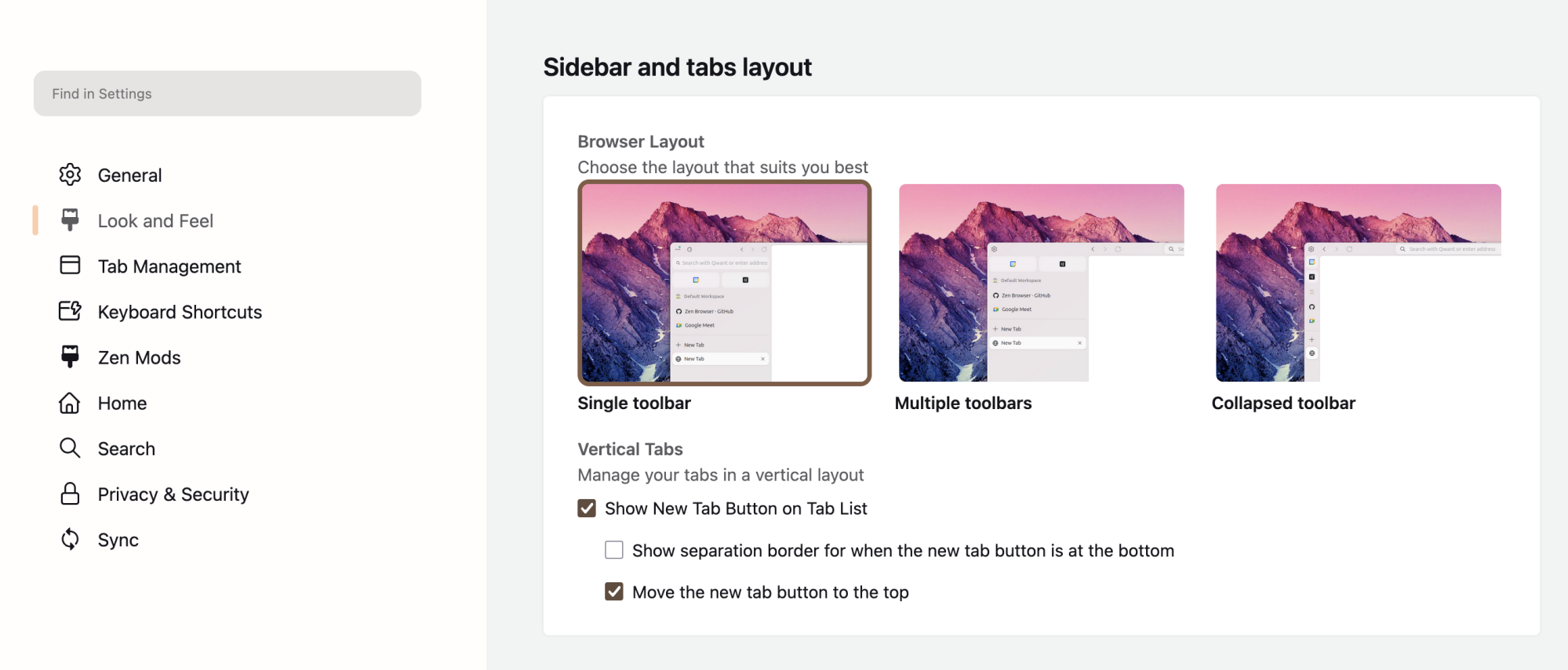 Zen's settings allowing the user to decide between a single toolbar, multiple toolbars, and a collapsed toolbar
