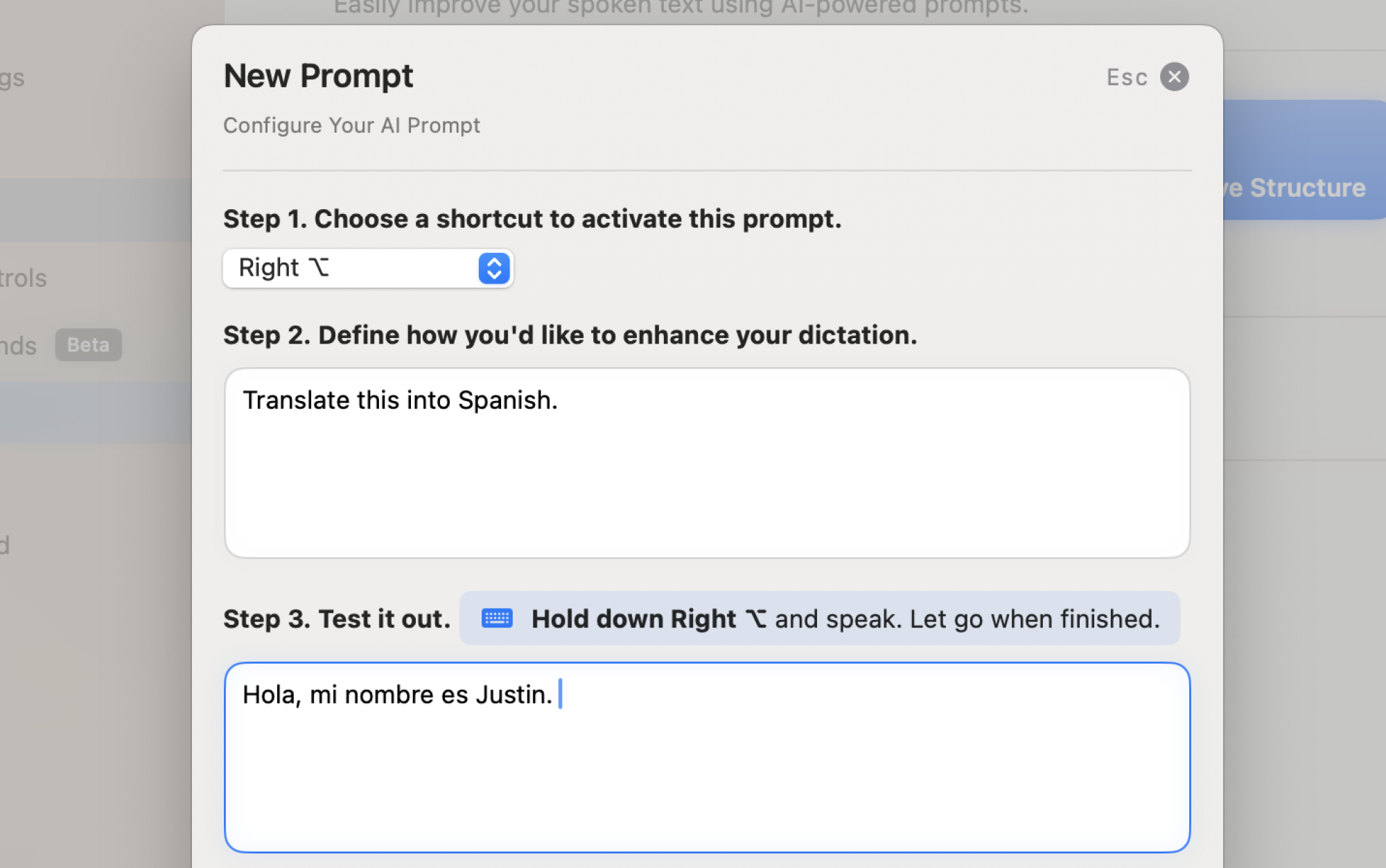 The settings window for the AI Prompt feature. I'm setting up a prompt that will translate English speaking` into Spanish text.
