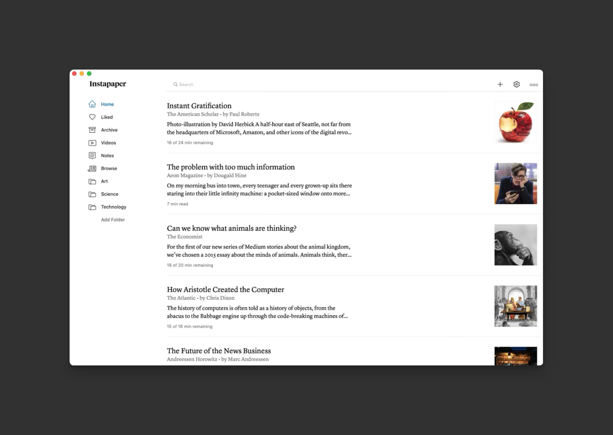 Instapaper on an iPad.