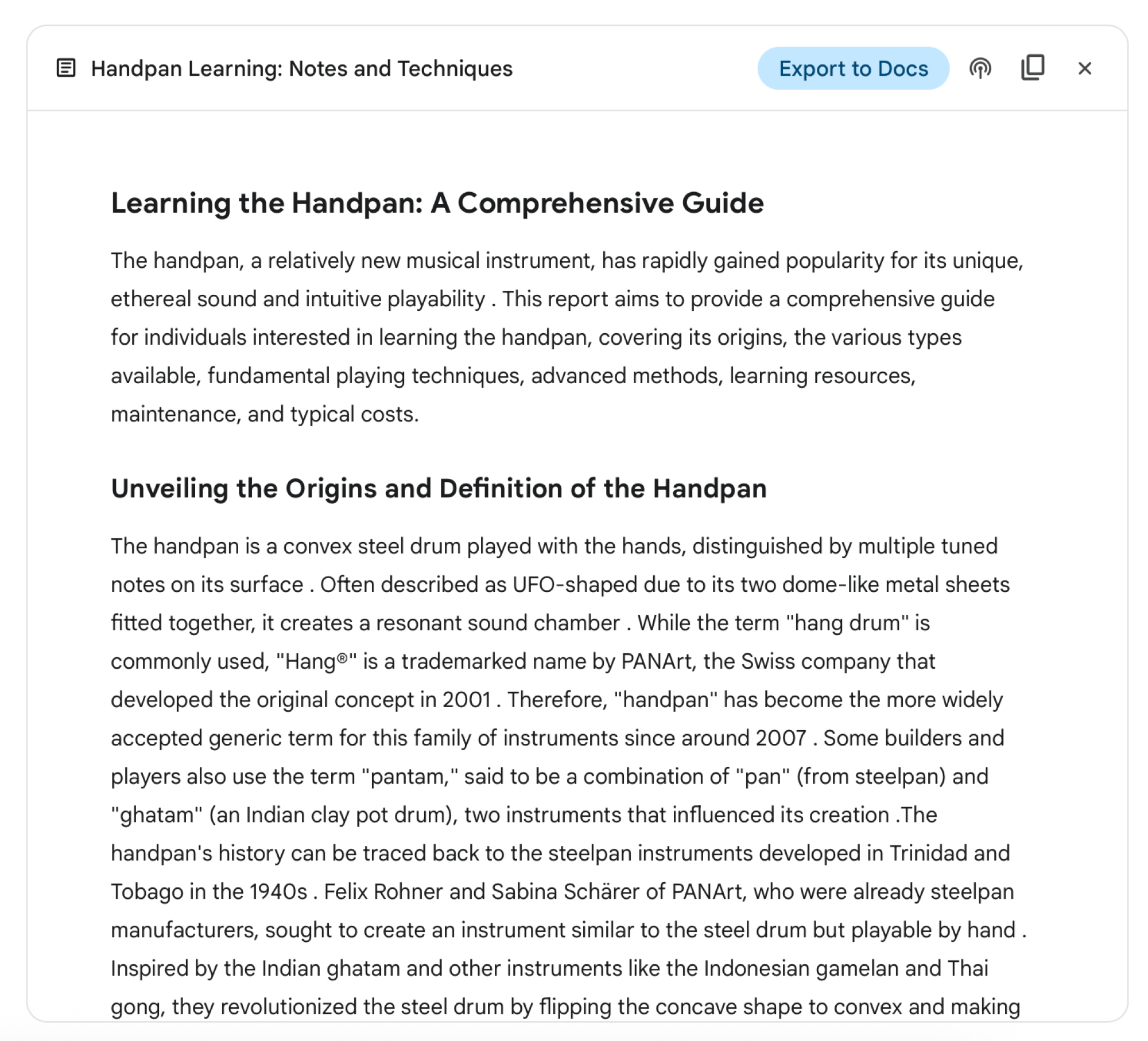 Handpan learning report from Gemini.