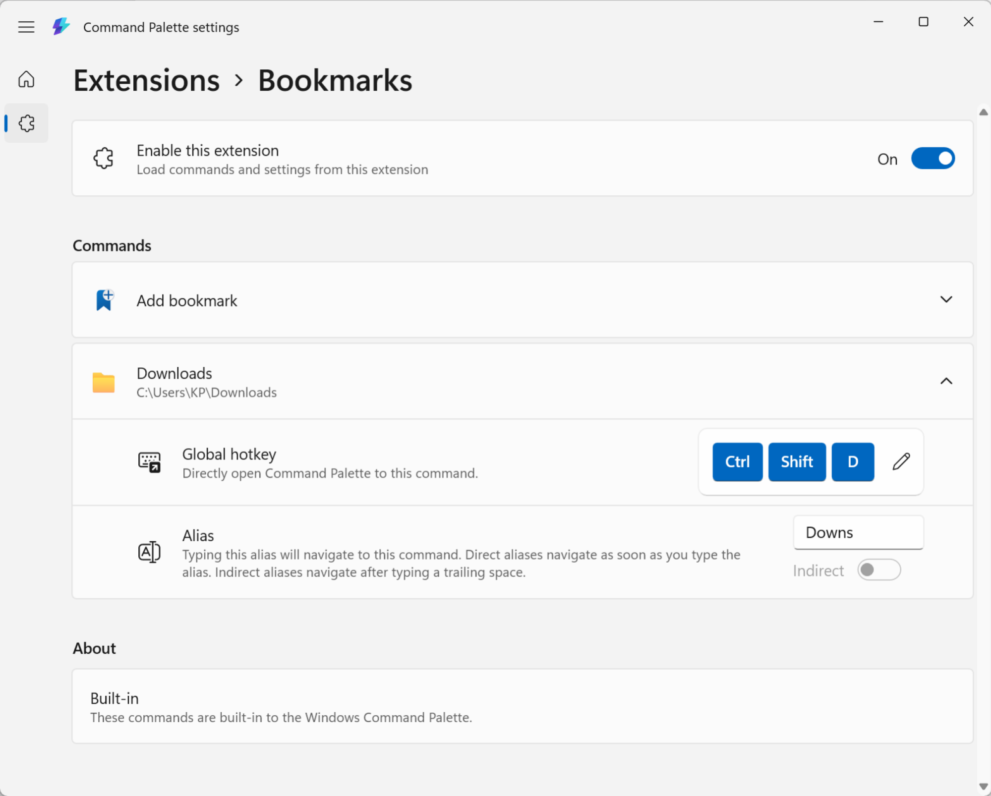 Settings for Bookmarks.