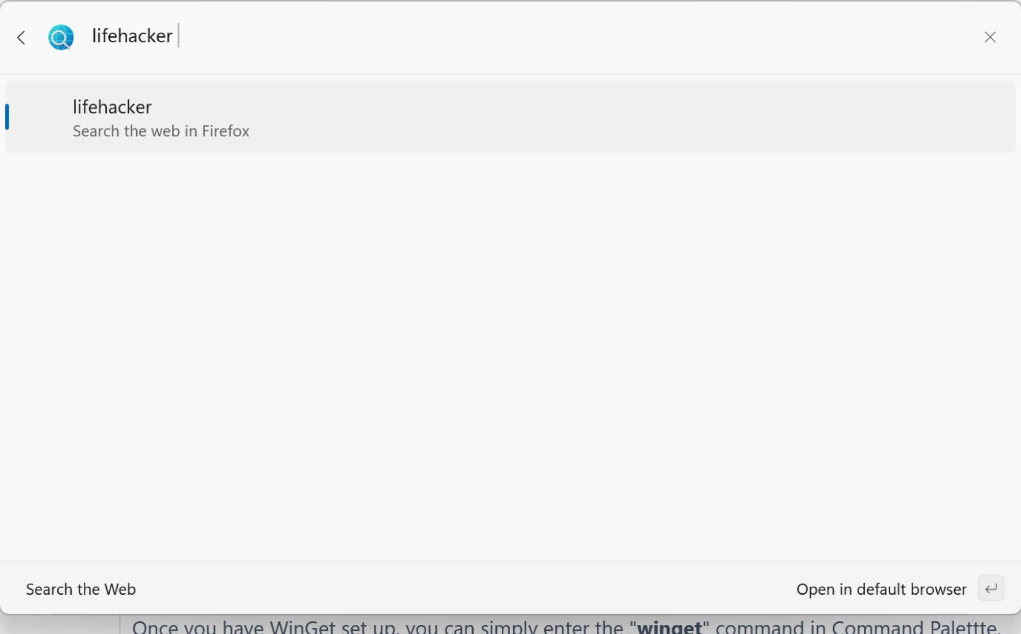 Searching on the web in Command Palette.