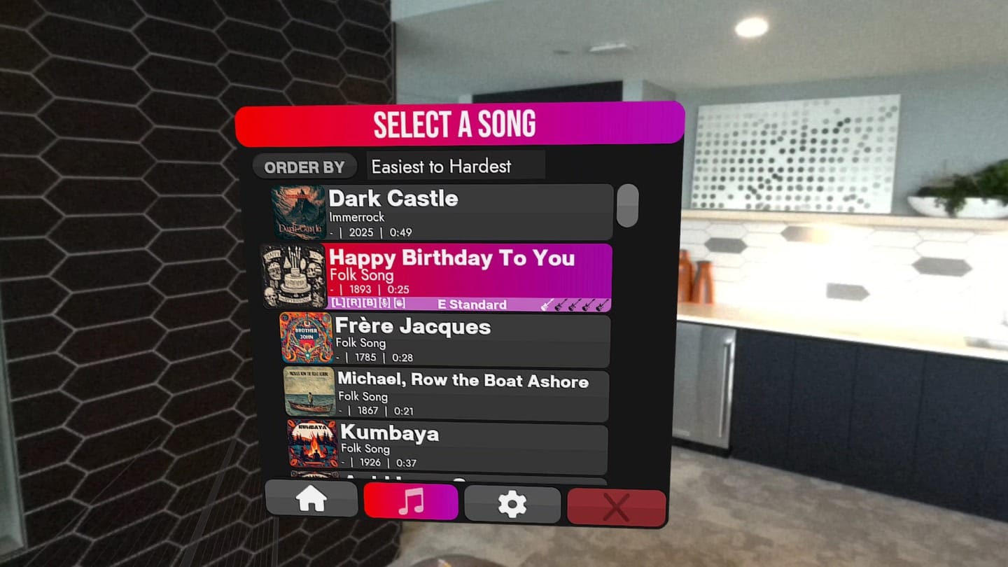 Immerrock screenshot shows a song selection screen