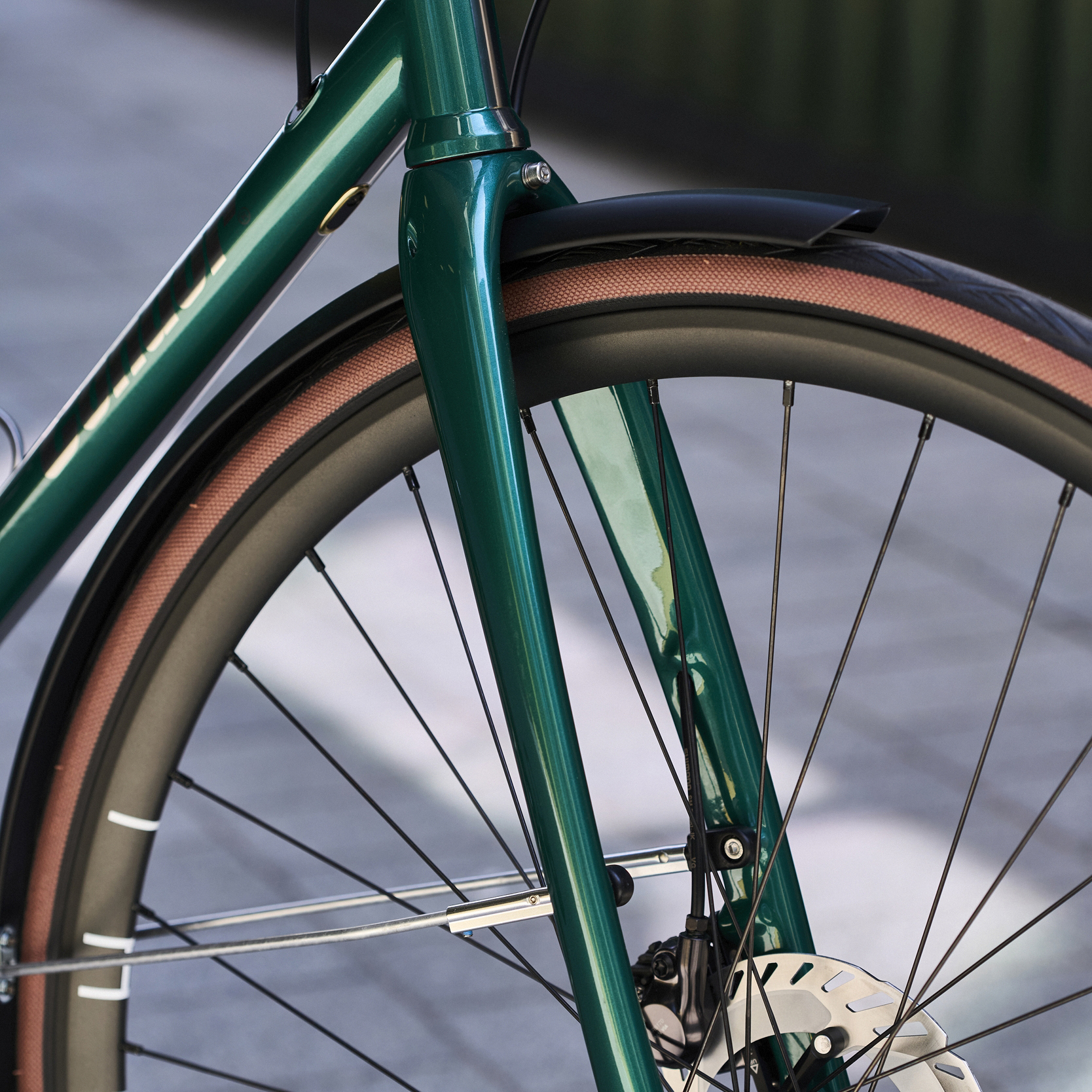 Front fork of Condor Fratello Stainless showing wider tyre clearance.