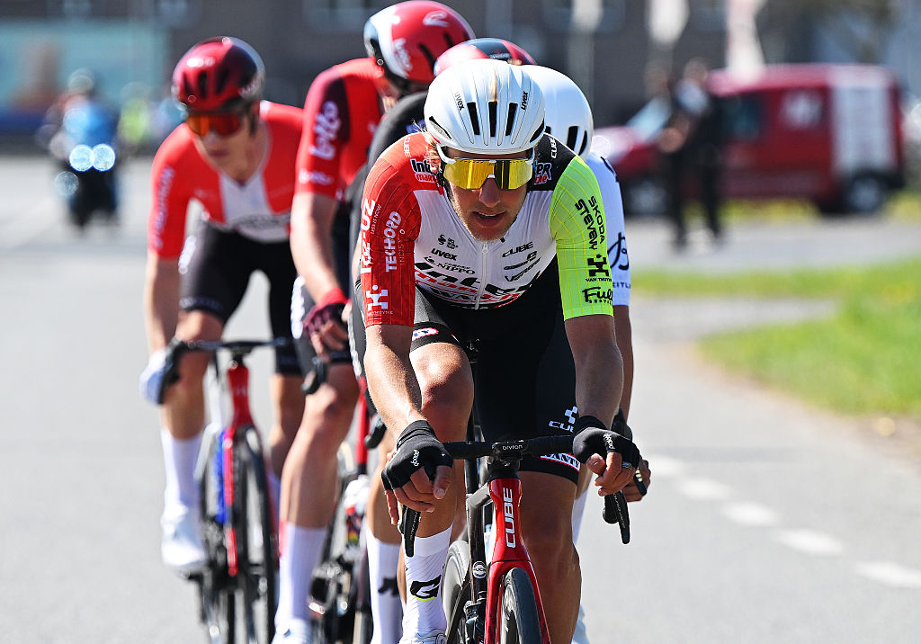 WAREGEM, BELGIUM - APRIL 02: Taco Van Der Hoorn of Netherlands and Team Intermarche - Wanty competes in the breakaway during the 79th Dwars Door Vlaanderen 2025, Men's Elite a 184.2km one day race from Roeselare to Waregem / #UCIWT / on April 02, 2025 in Waregem, Belgium. (Photo by Tim de Waele/Getty Images)
