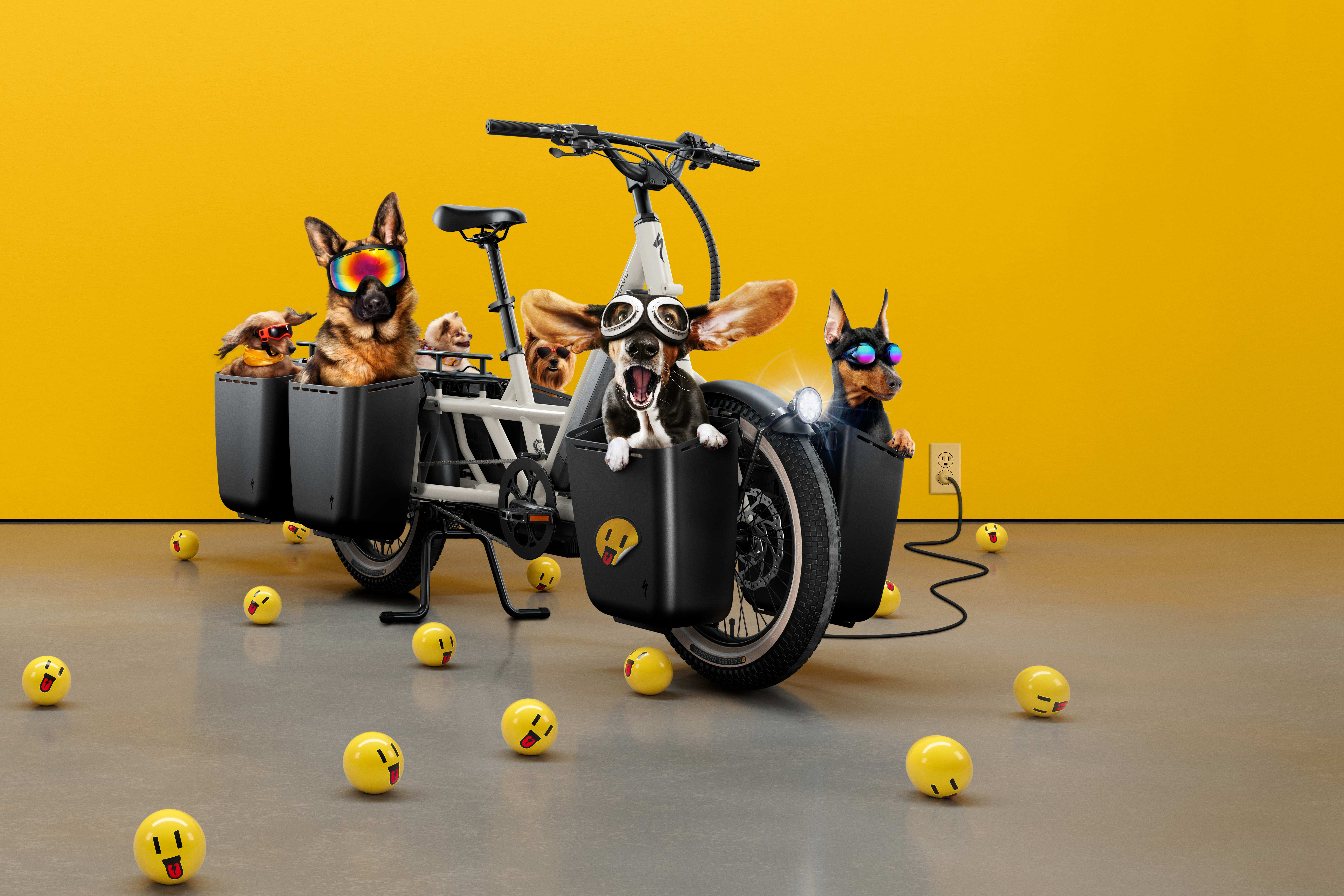 Dogs sitting in panniers of Globe Haul LT e-cargo bike