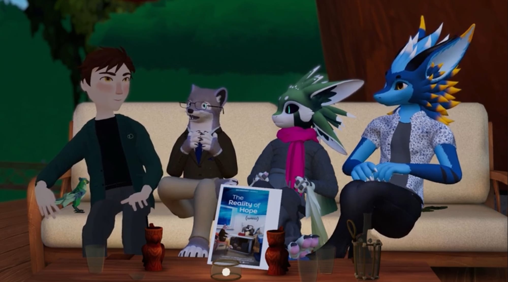 A human-looking avatar and three colorful furry avatars seated on a couch and talking.