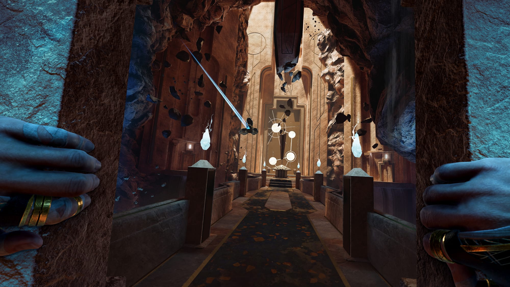 The protagonist of Reach uses both hands to open a door, revealing an eerie puzzle room on the other side.