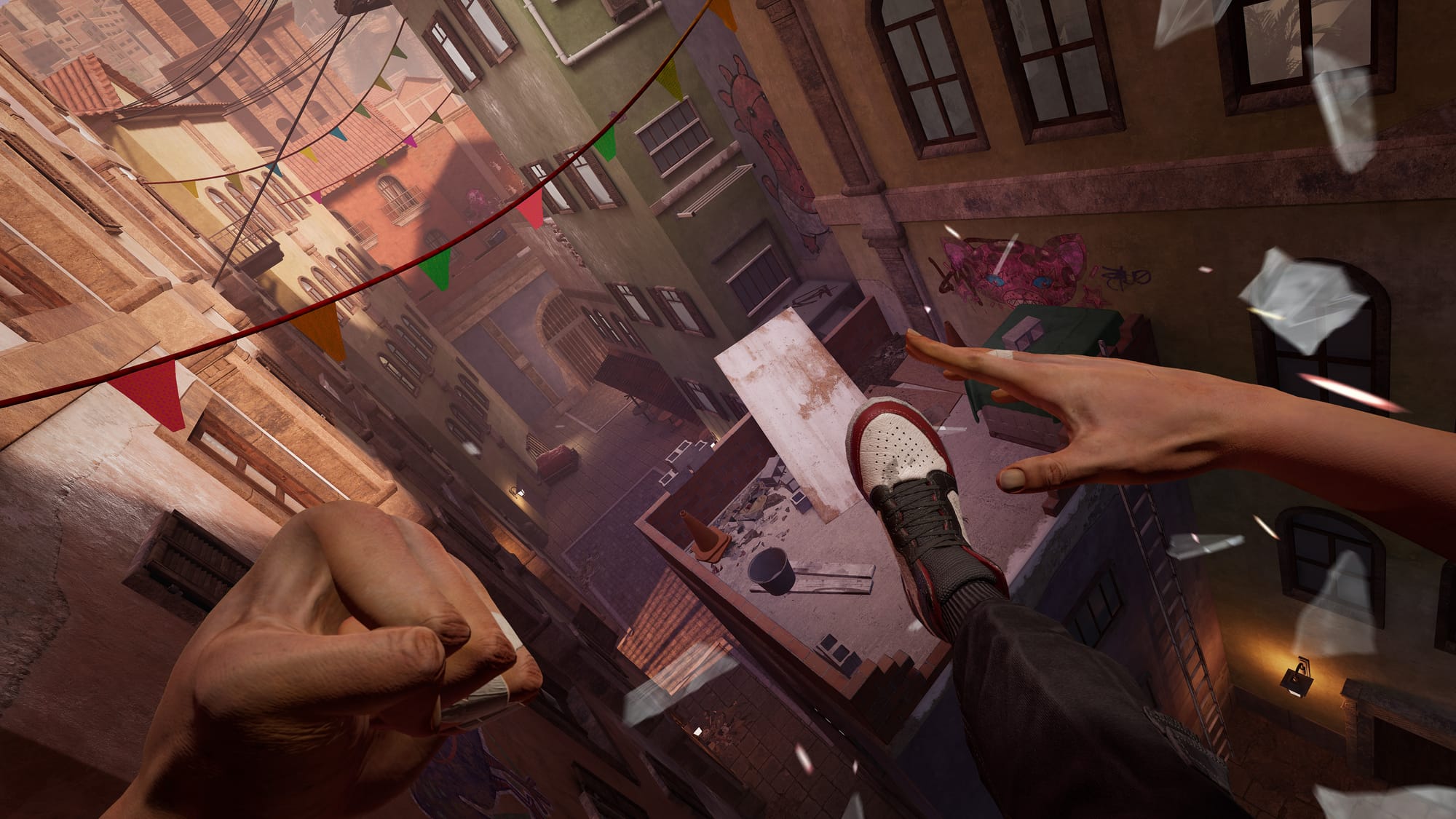 The protagonist of Reach swiftly jumps across two buildings during a chase